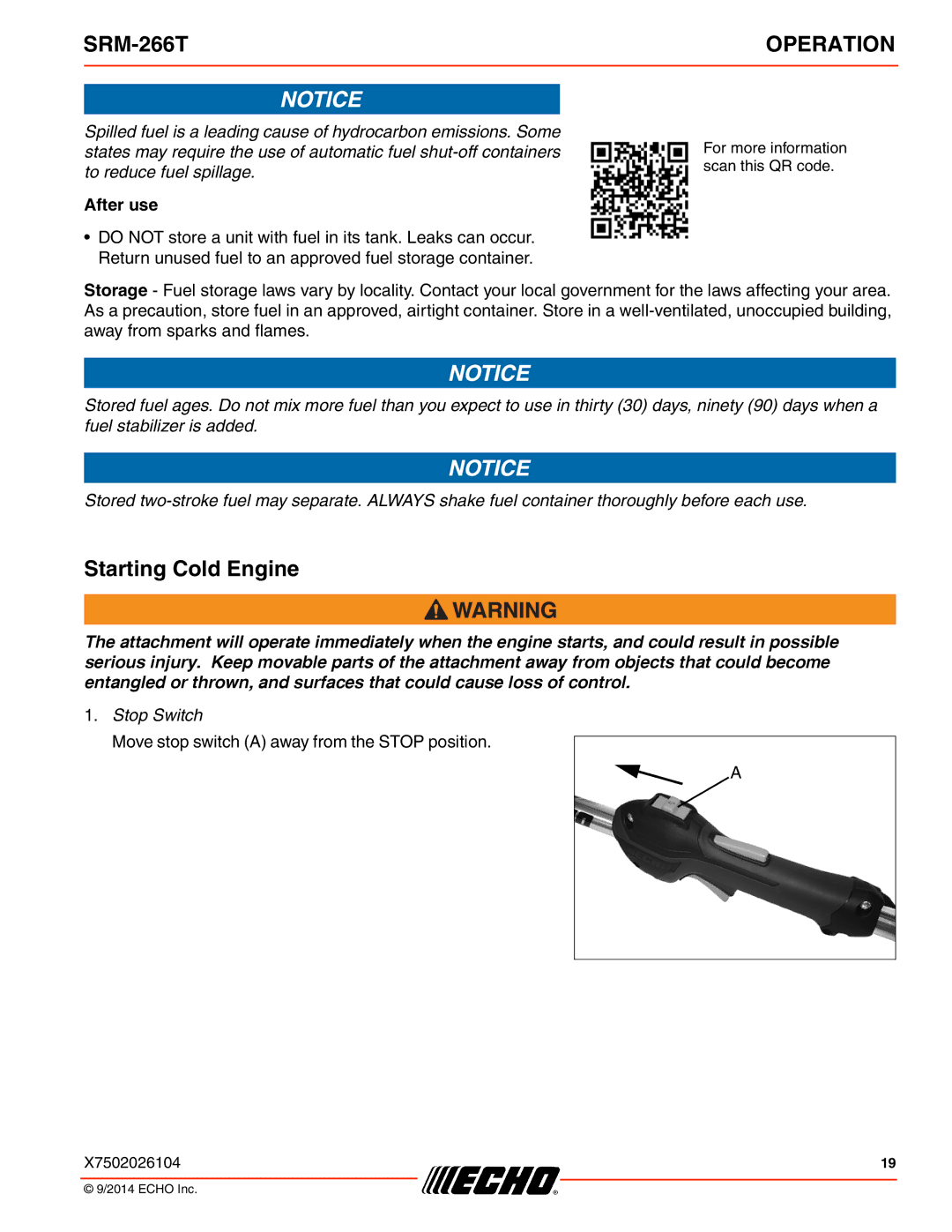 Echo SRM-266T specifications Starting Cold Engine, After use 