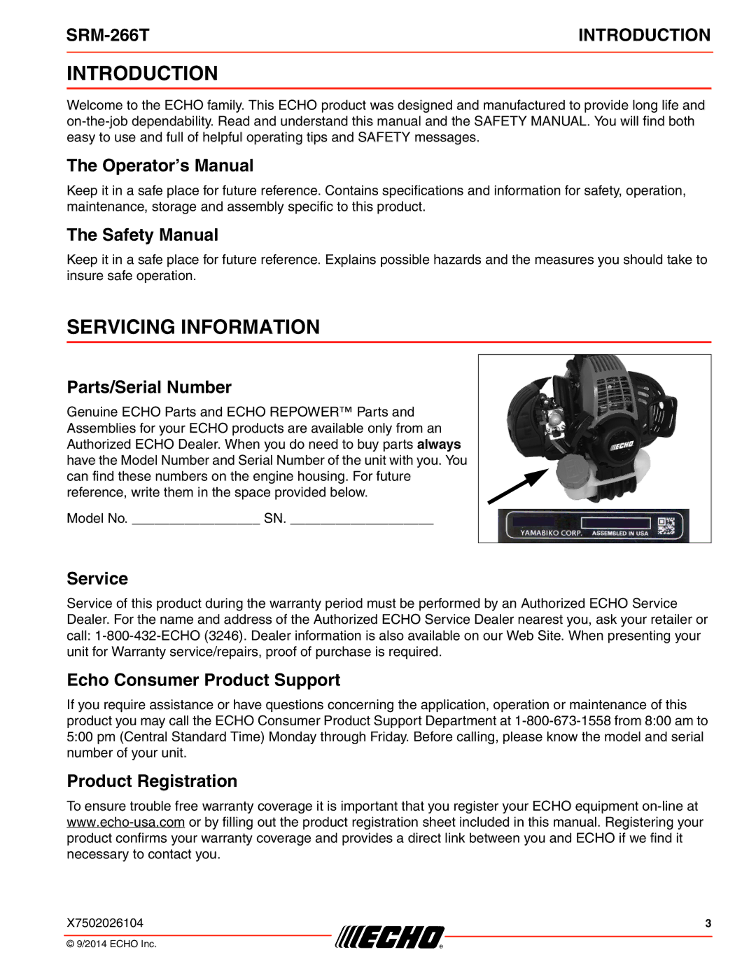 Echo SRM-266T specifications Introduction, Servicing Information 