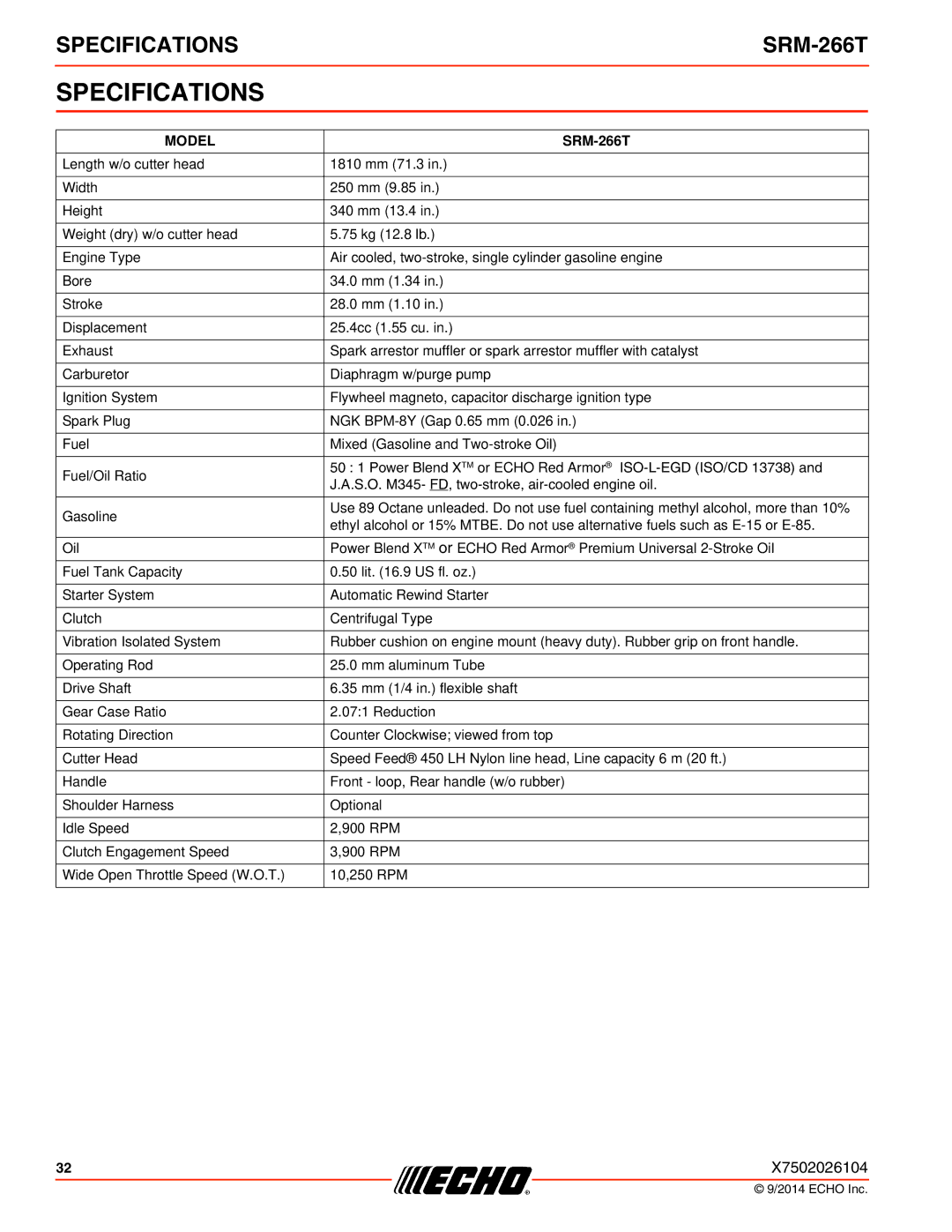 Echo SRM-266T specifications Specifications, Model 