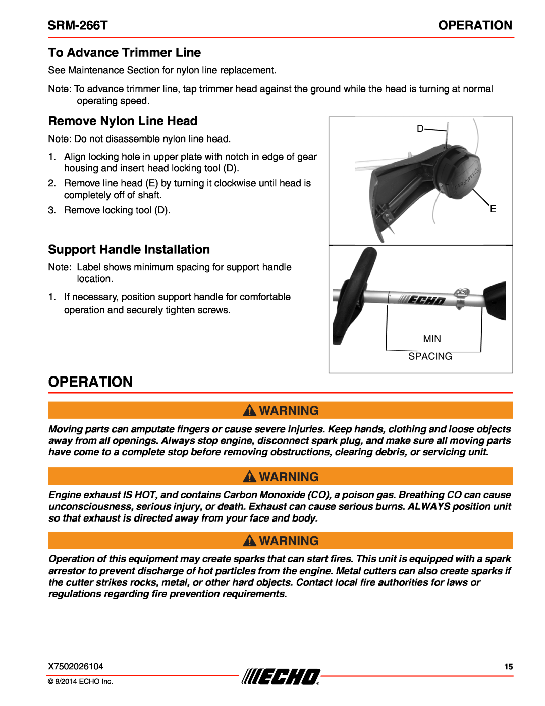 Echo SRM-266T specifications Operation, To Advance Trimmer Line, Remove Nylon Line Head, Support Handle Installation 