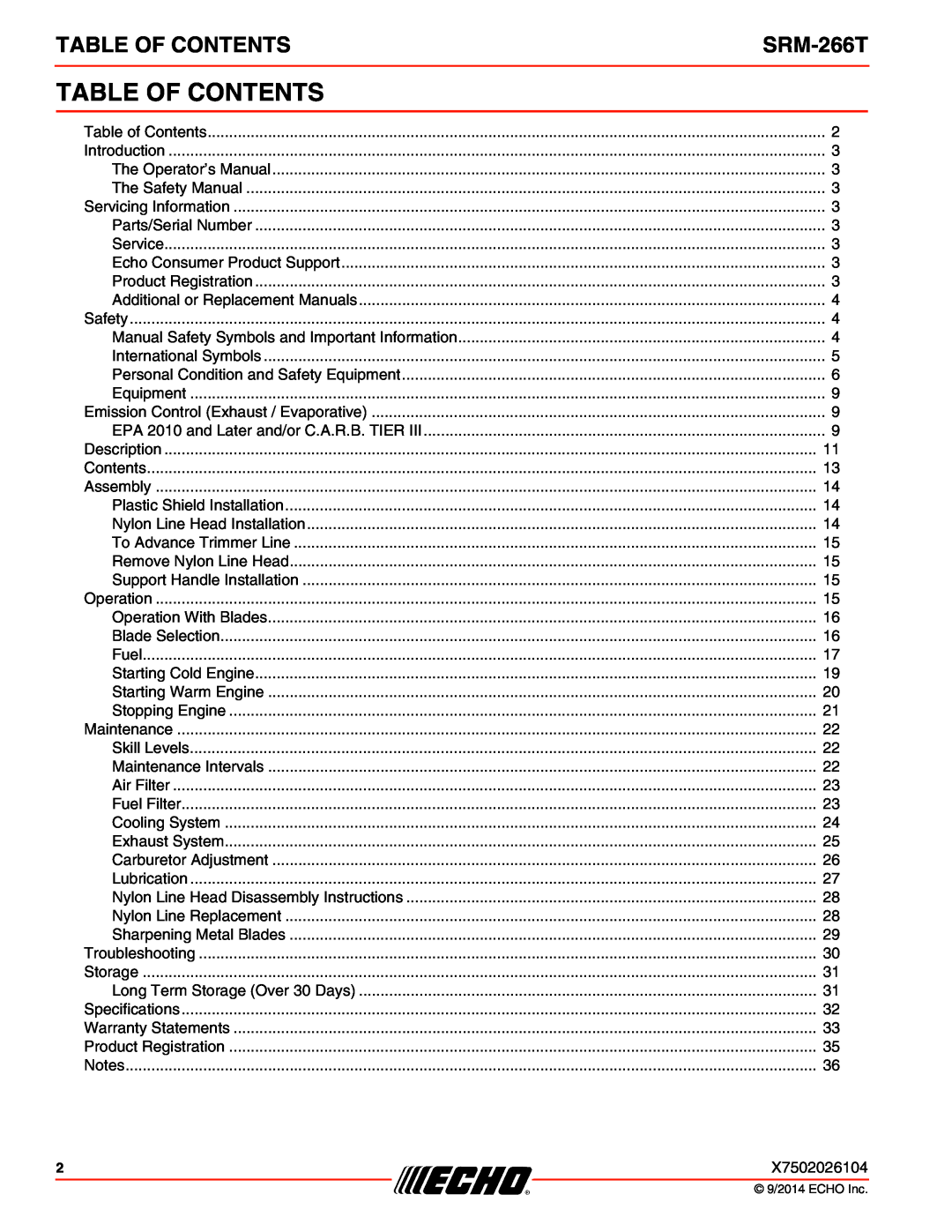 Echo SRM-266T specifications Table Of Contents 