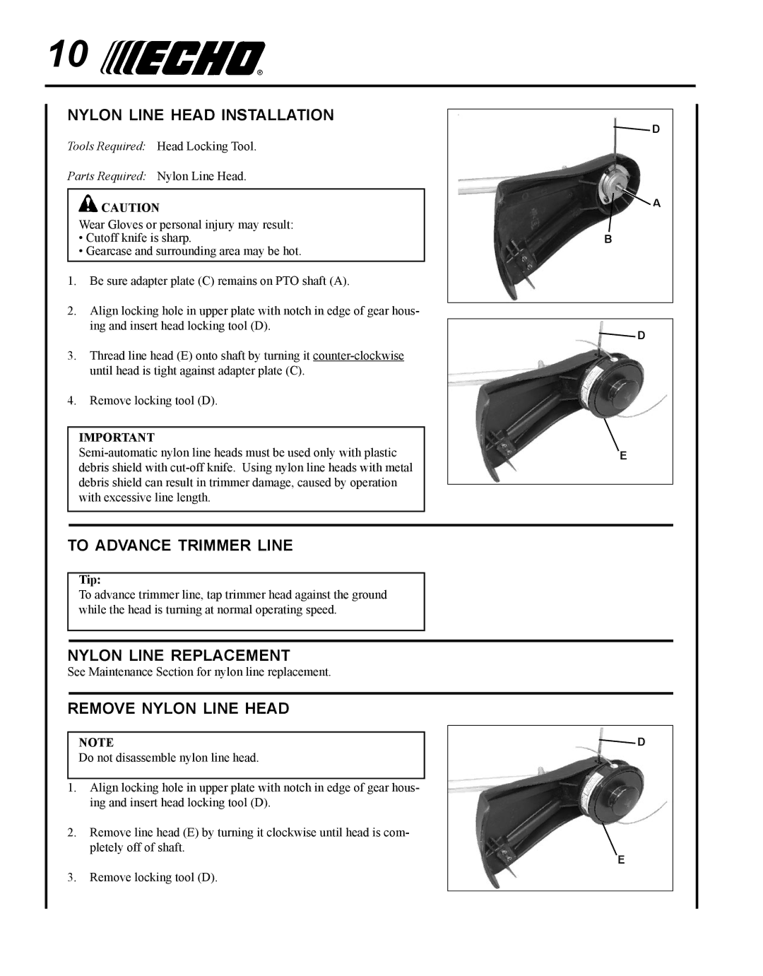 Echo SRM-280 manual Nylon line head installation, To advance trimmer line, Nylon line replacement, Remove nylon line head 