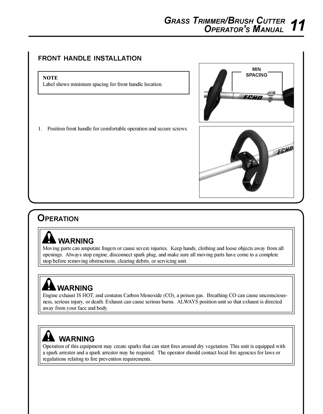 Echo SRM-280S manual Grass Trimmer/Brush Cutter 11 Operators Manual, Front handle installation, Operation 