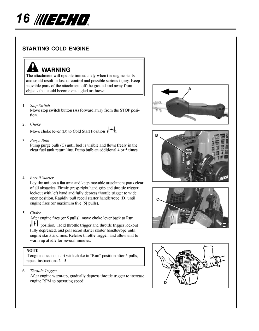 Echo SRM-280S manual Starting cold engine, Purge Bulb 