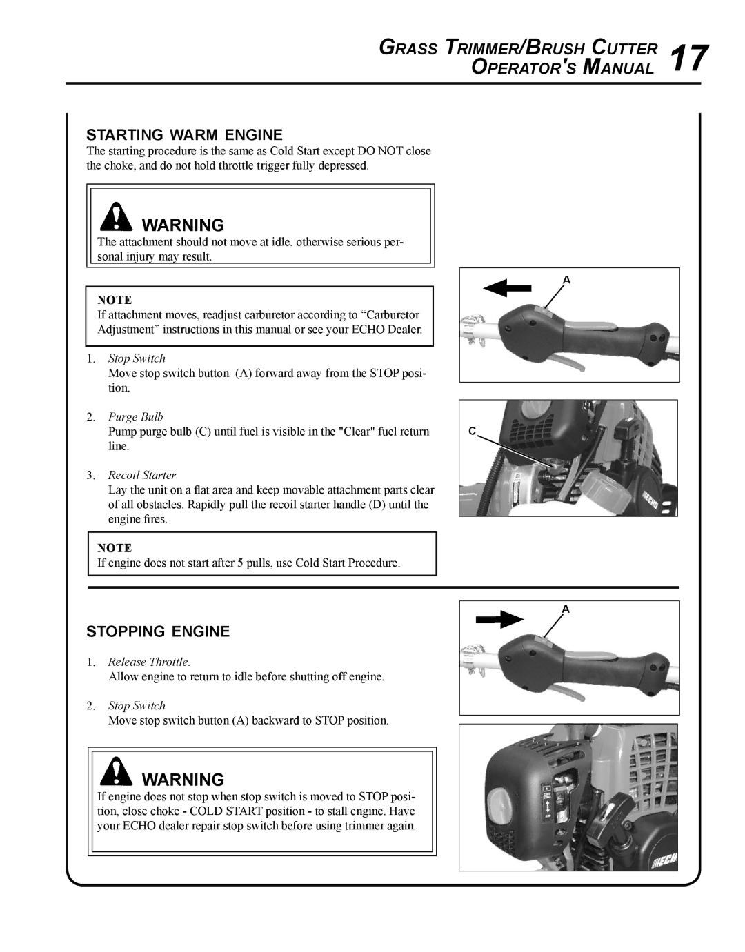 Echo SRM-280S manual Starting warm engine, Stopping engine 