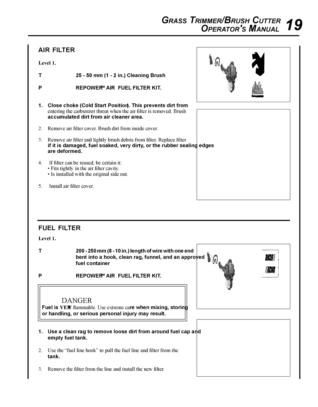 Echo SRM-280S manual Air filter, Fuel filter 