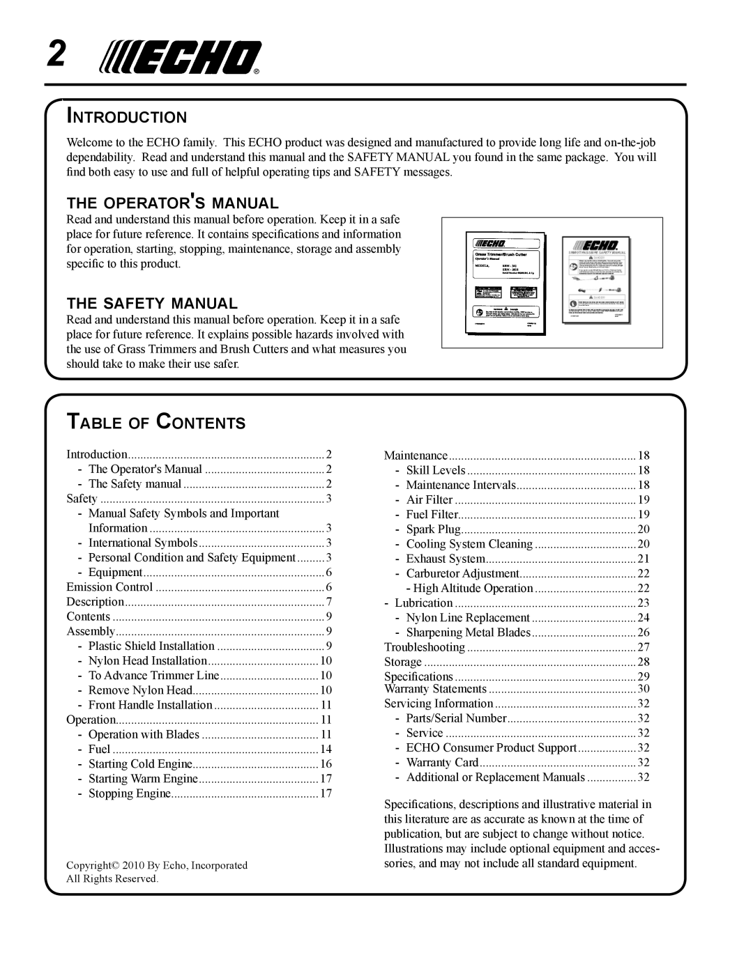 Echo SRM-280S Introduction, Operators manual, Safety manual, Table of Contents 