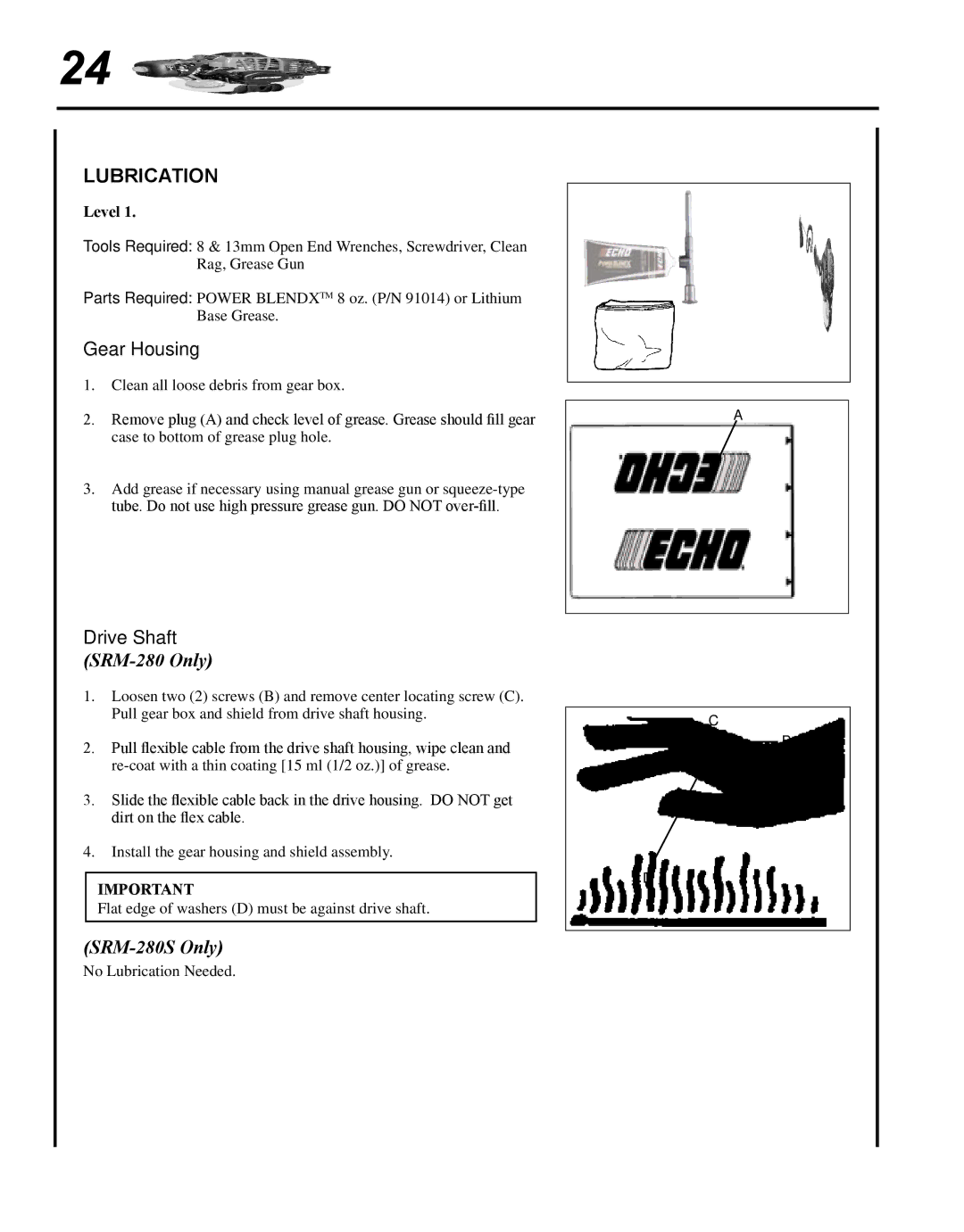 Echo manual Lubrication, Gear Housing, Drive Shaft SRM-280 Only, SRM-280S Only 