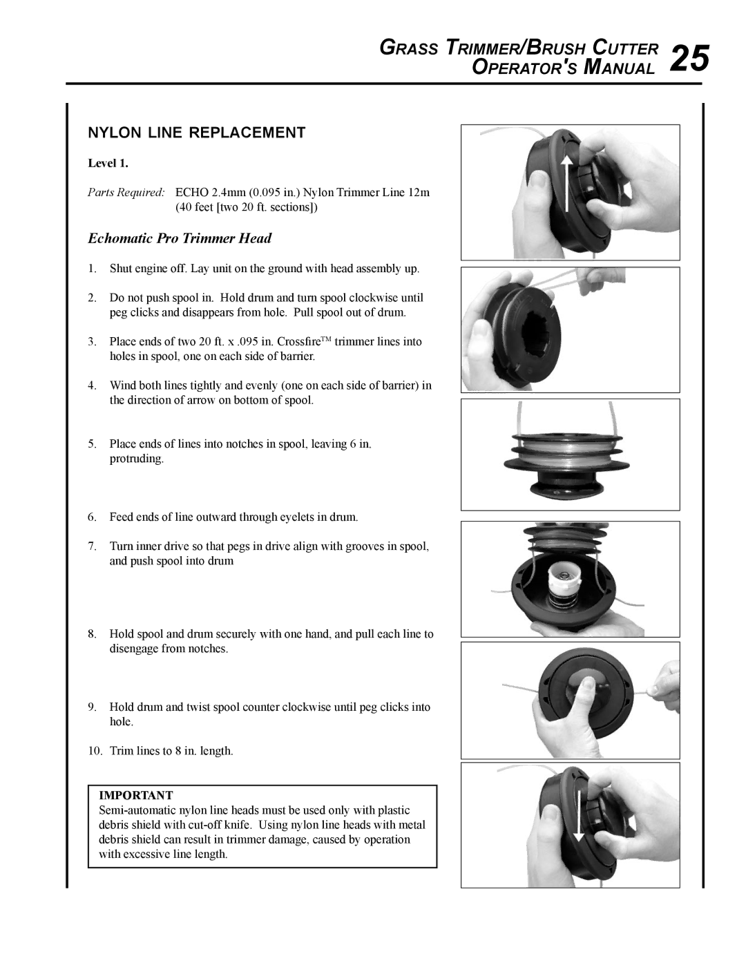 Echo SRM-280S manual Grass Trimmer/Brush Cutter Operators Manual, Echomatic Pro Trimmer Head 