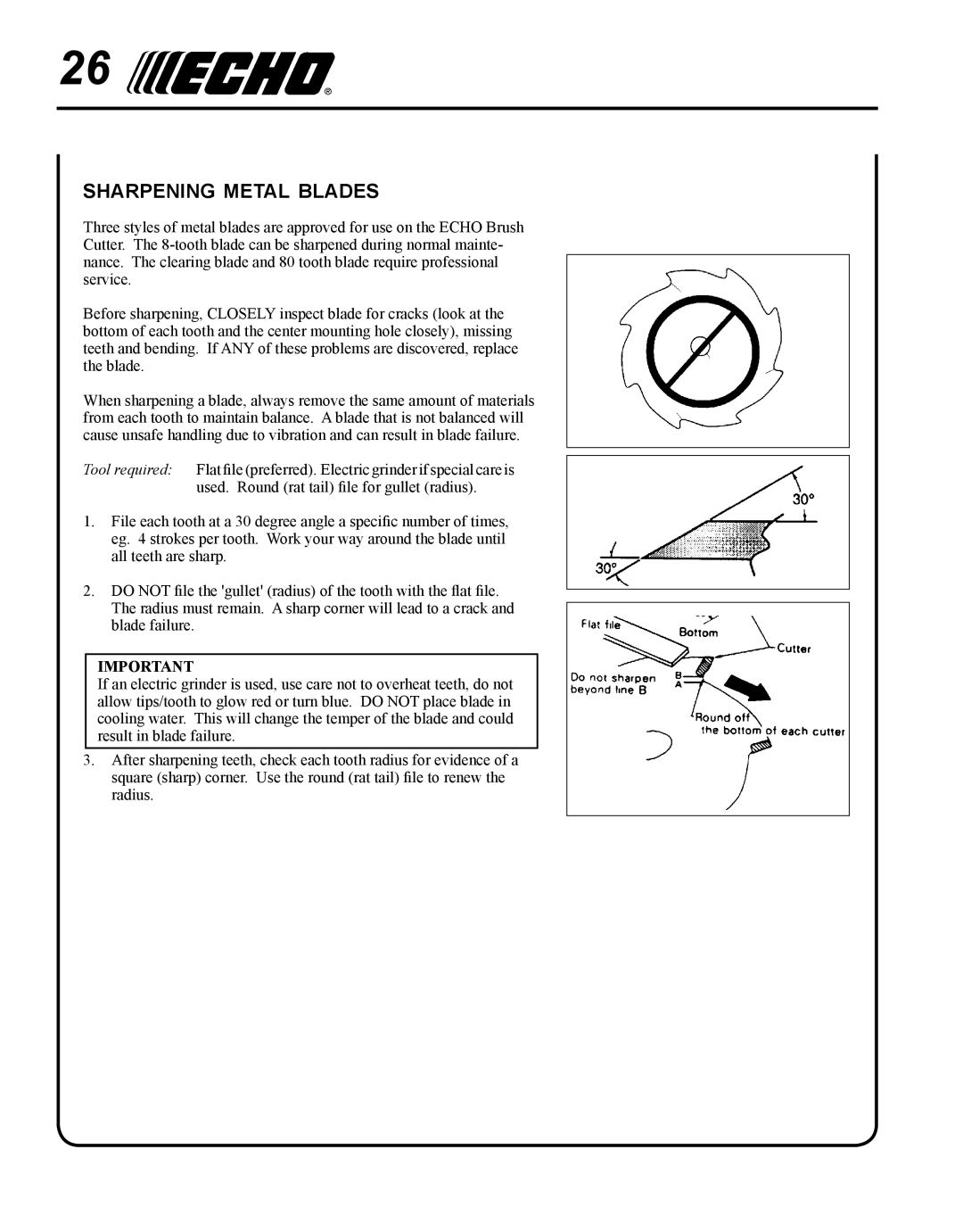 Echo SRM-280S manual Sharpening metal blades 