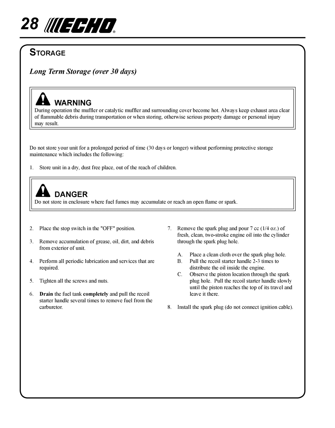 Echo SRM-280S manual Long Term Storage over 30 days 