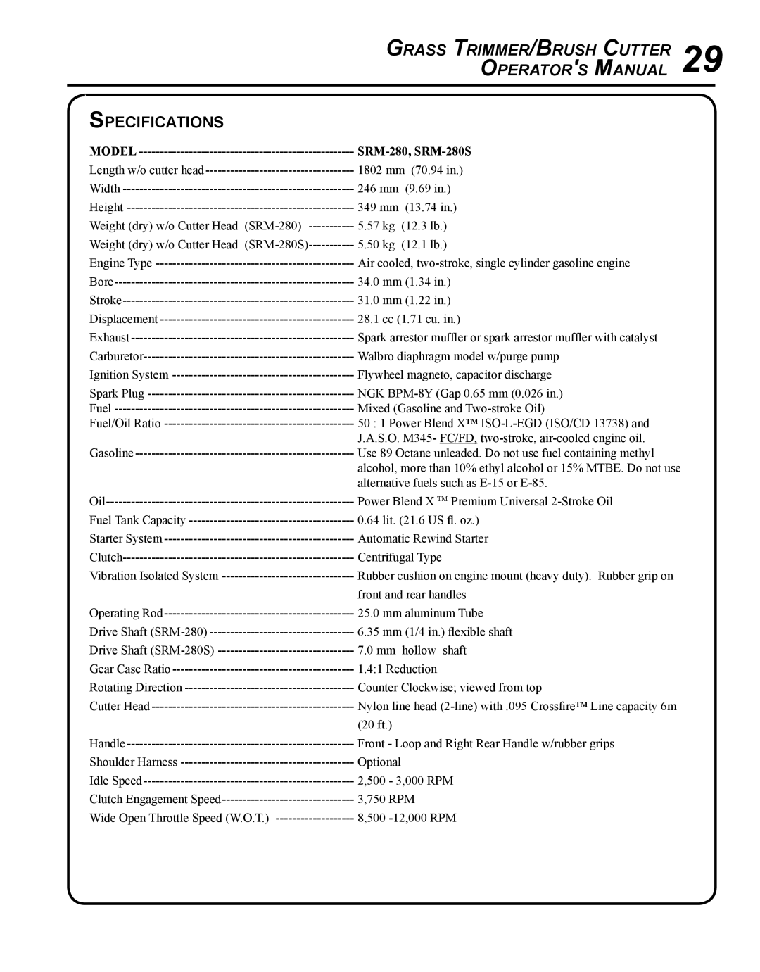 Echo SRM-280S manual Grass Trimmer /Brush Cutter Operator s Manual, Specifications 