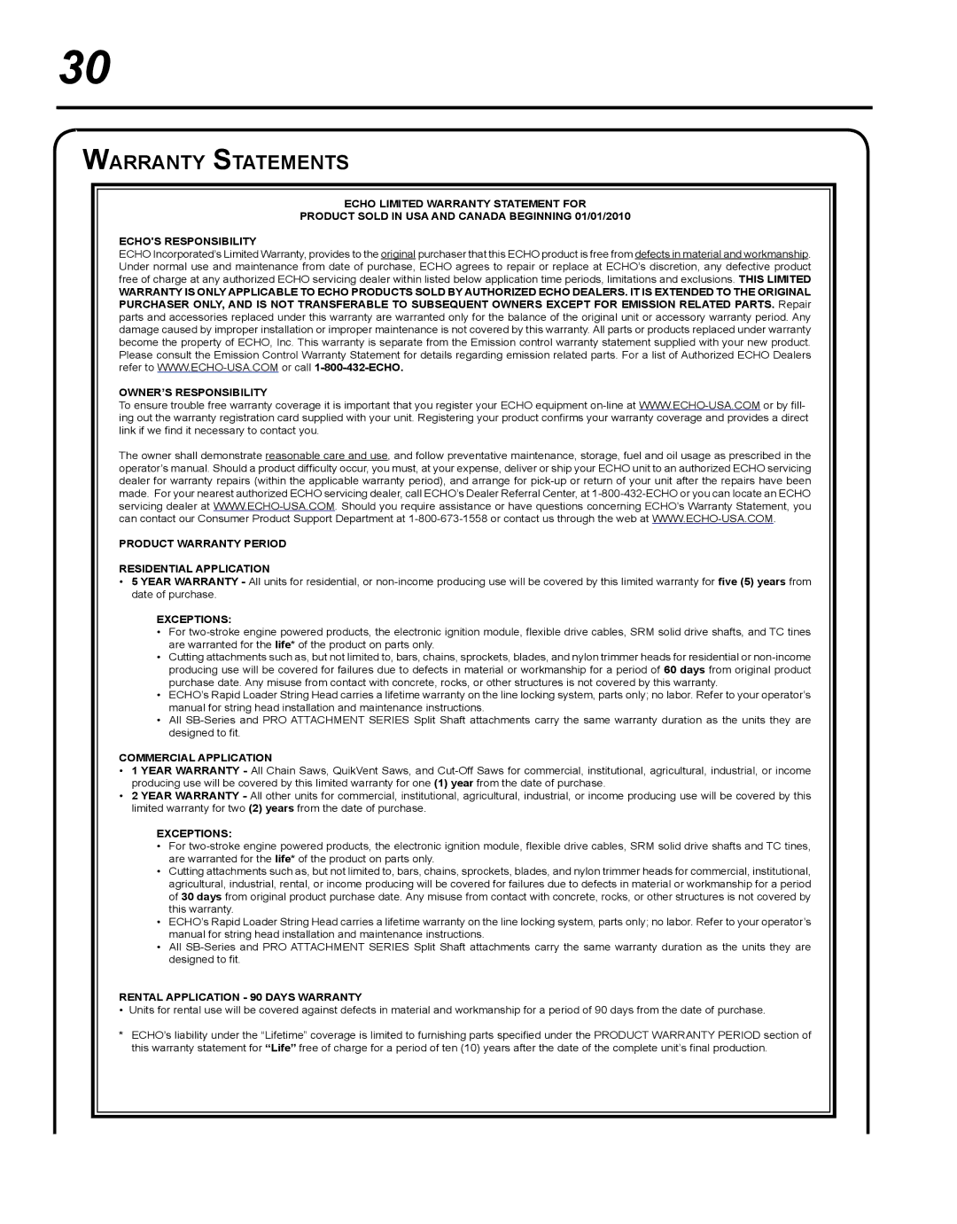 Echo SRM-280S manual Warranty Statements, Exceptions 