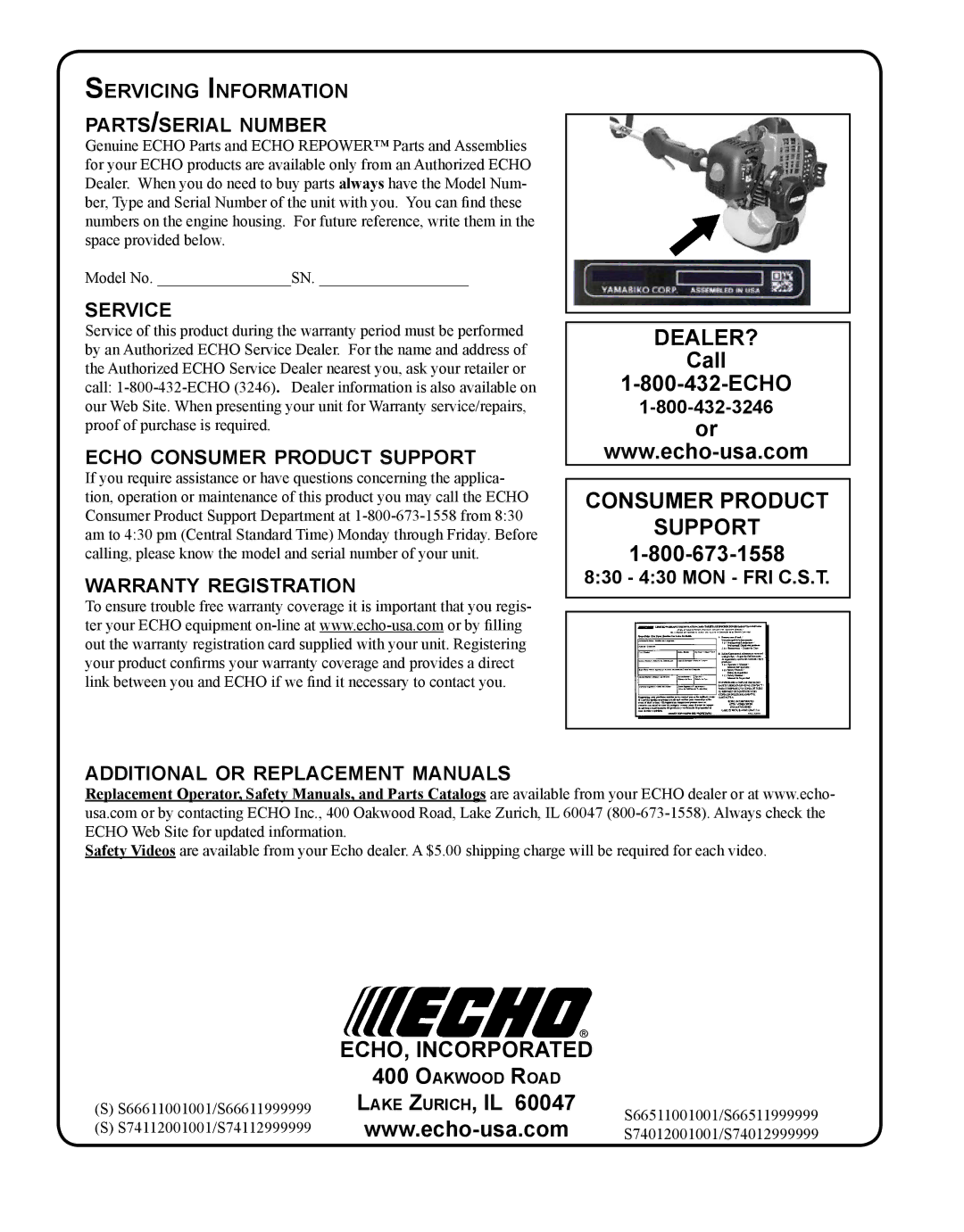 Echo SRM-280S manual Servicing Information parts/serial number, Service, Echo consumer product support 