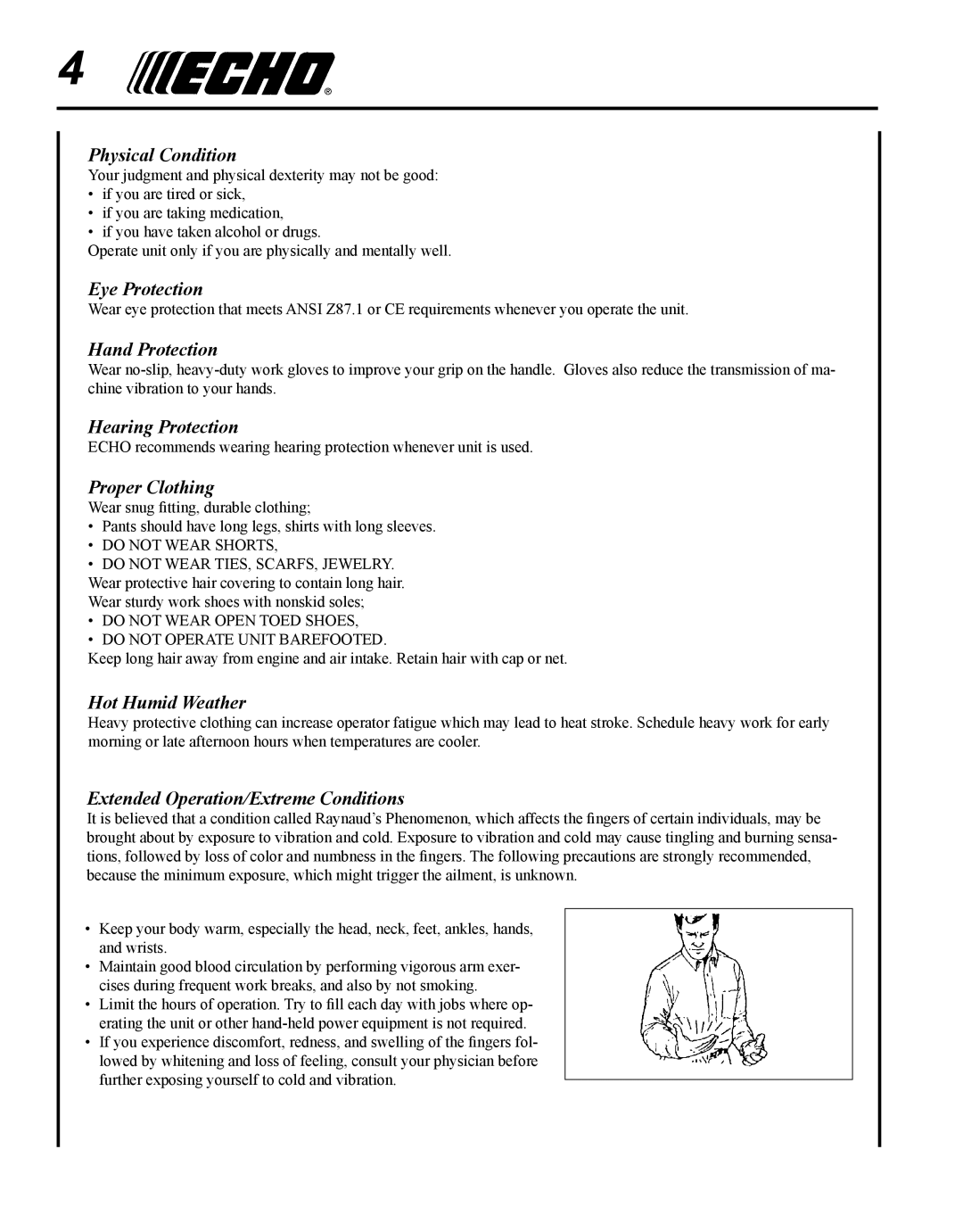 Echo SRM-280 Physical Condition, Eye Protection, Hand Protection, Hearing Protection, Proper Clothing, Hot Humid Weather 