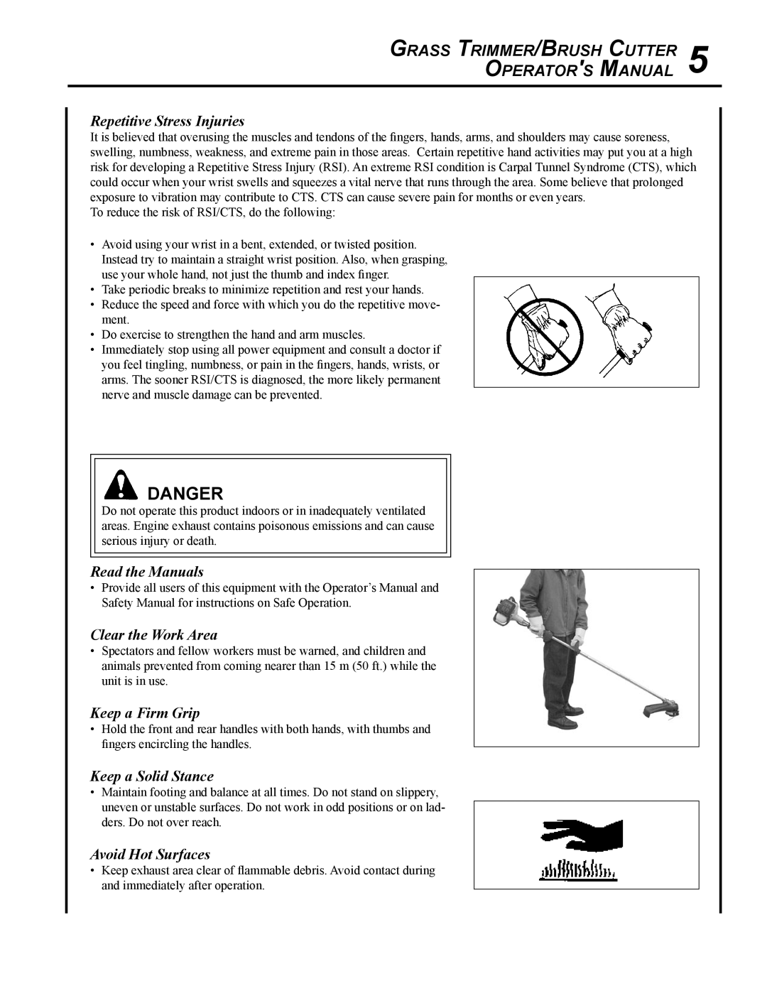 Echo SRM-280S Repetitive Stress Injuries, Read the Manuals, Clear the Work Area, Keep a Firm Grip, Keep a Solid Stance 