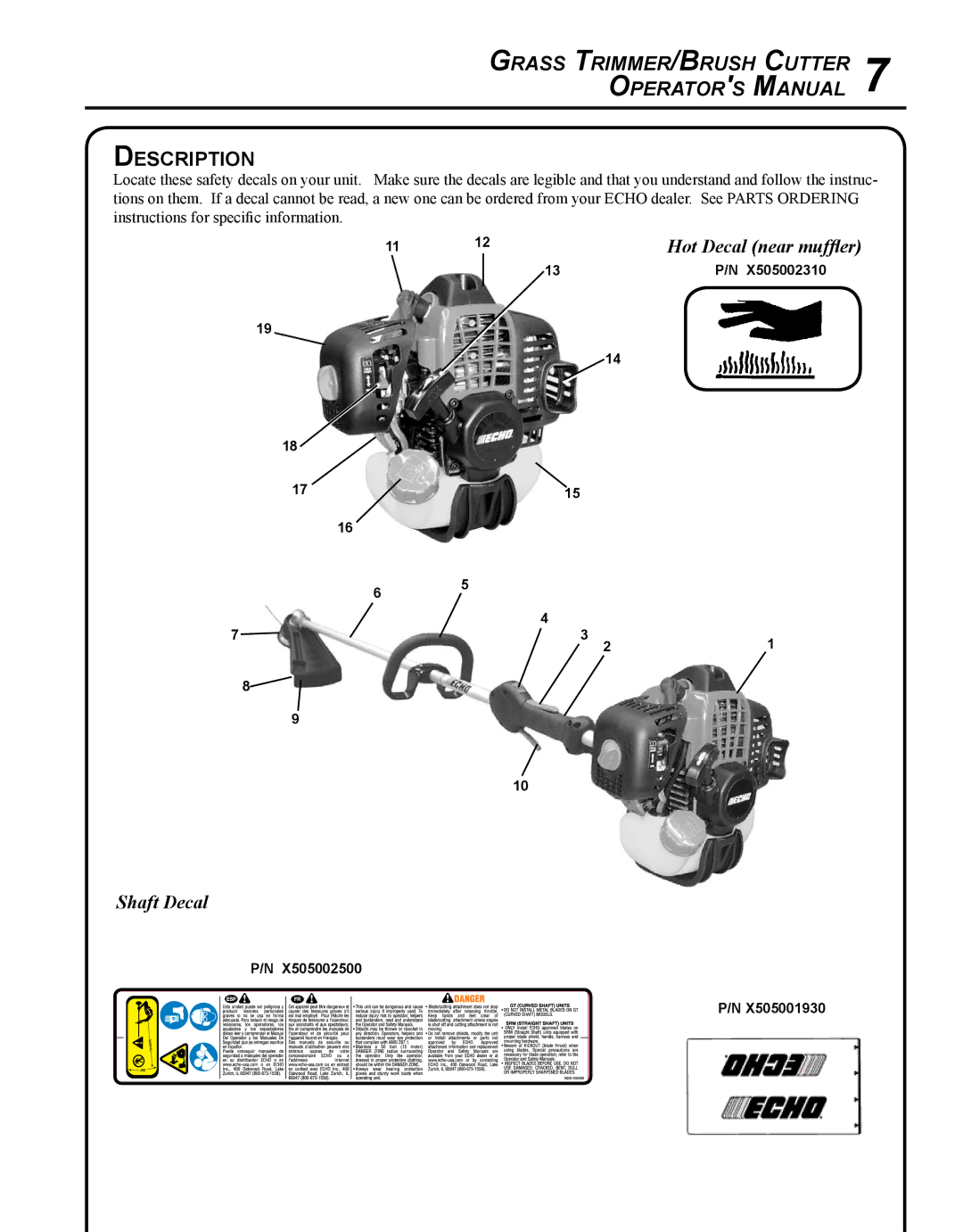 Echo SRM-280S manual Description, Shaft Decal 