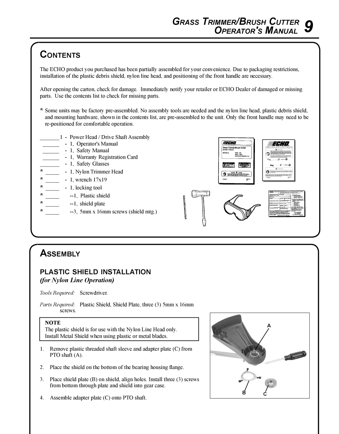 Echo SRM-280S manual Contents, Assembly Plastic shield installation 