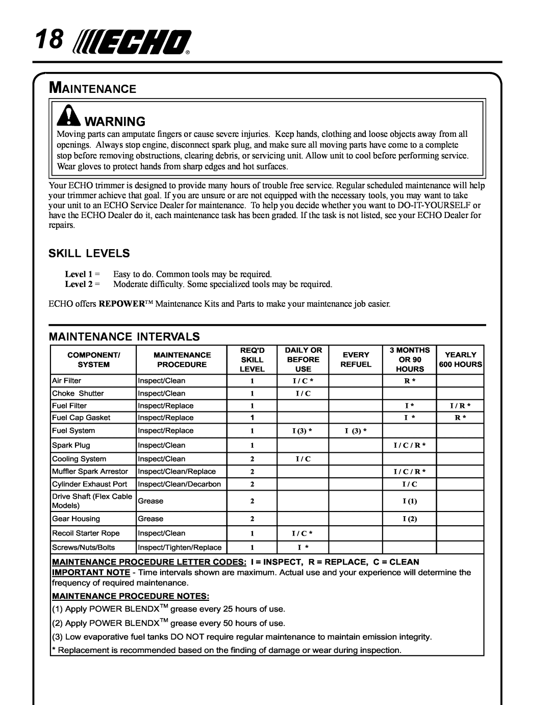 Echo SRM-280S manual skill levels, maintenance intervals, Maintenance Procedure Notes 