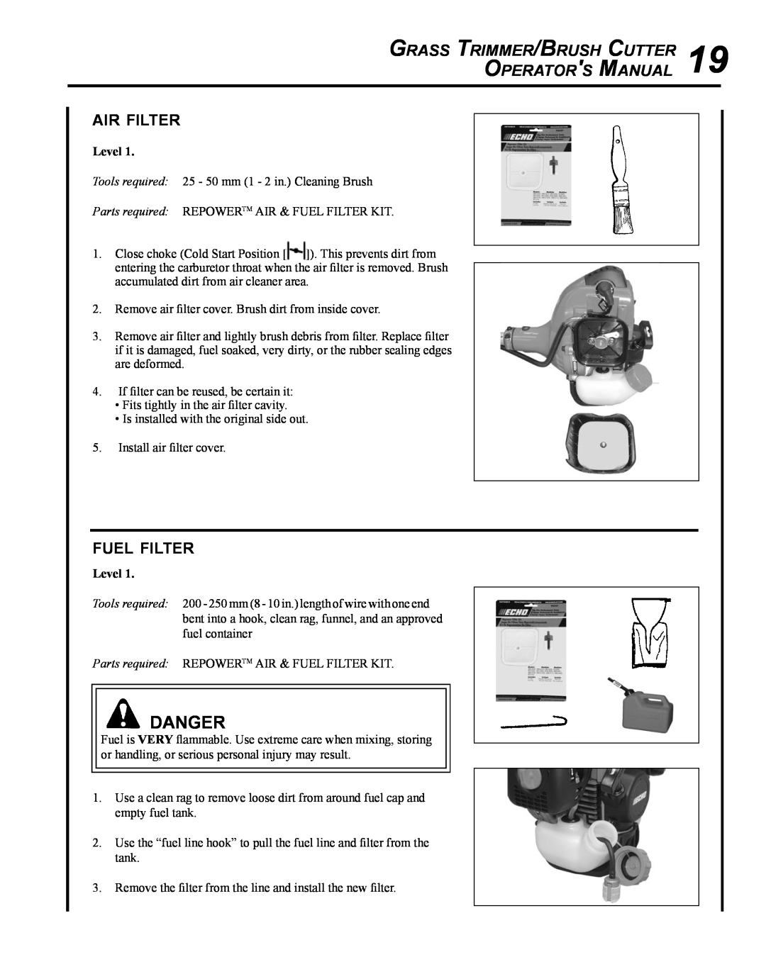 Echo SRM-280S manual air filter, fuel filter, Level, Danger, Grass Trimmer/Brush Cutter Operators Manual 