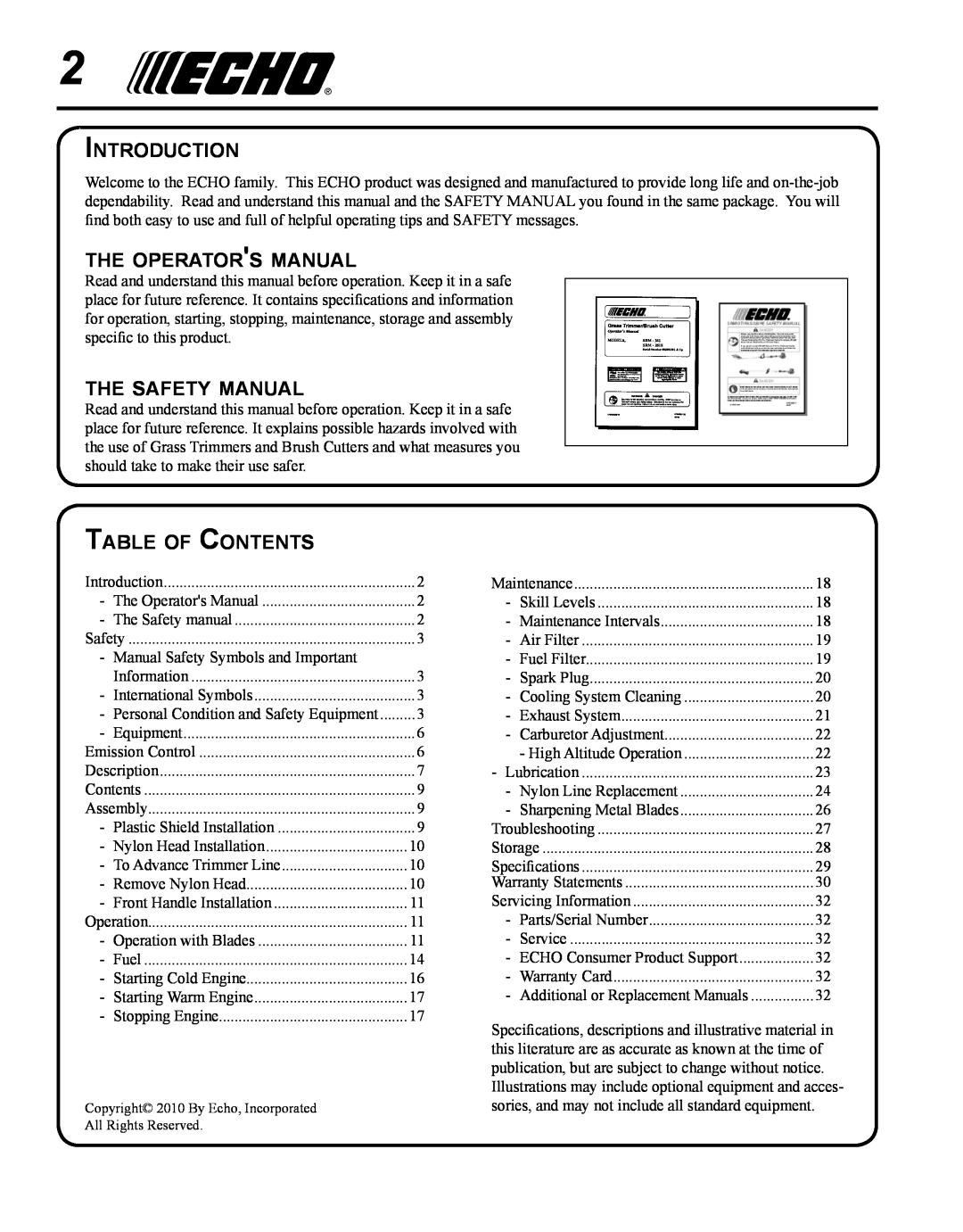 Echo SRM-280S Introduction, the operators manual, the safety manual, Table of Contents 