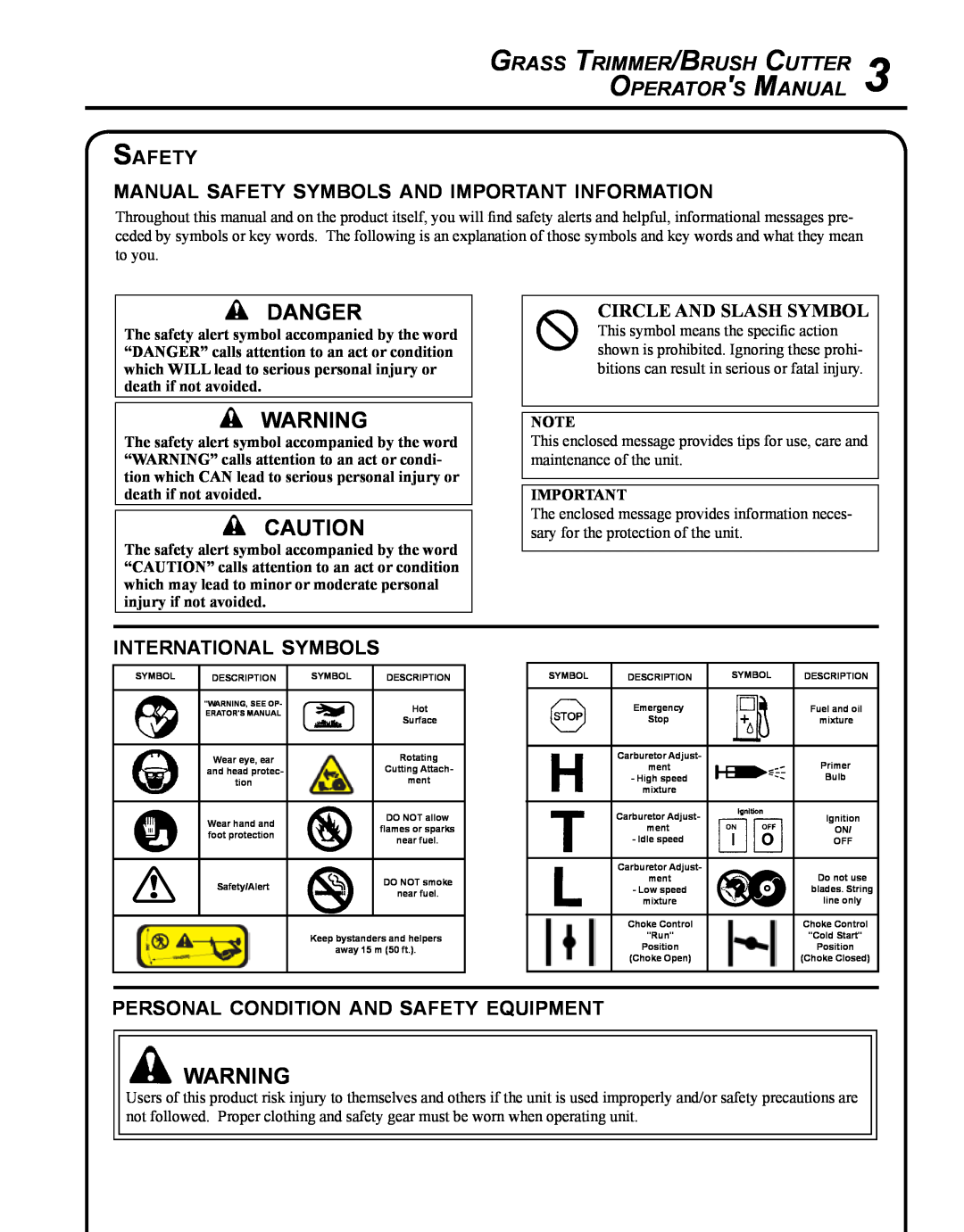Echo SRM-280S Danger, Grass Trimmer/Brush Cutter Operators Manual, Safety, manual safety symbols and important information 