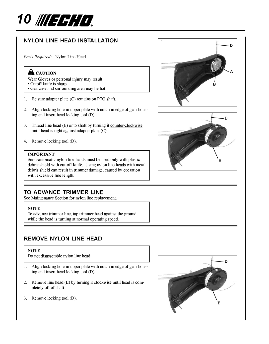 Echo SRM-280T manual Nylon line head installation, To advance trimmer line, Remove nylon line head 