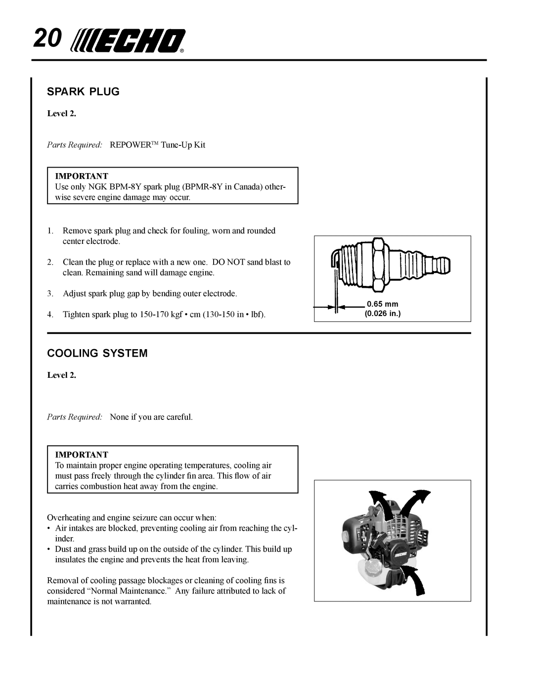 Echo SRM-280T manual Spark plug, Cooling system 