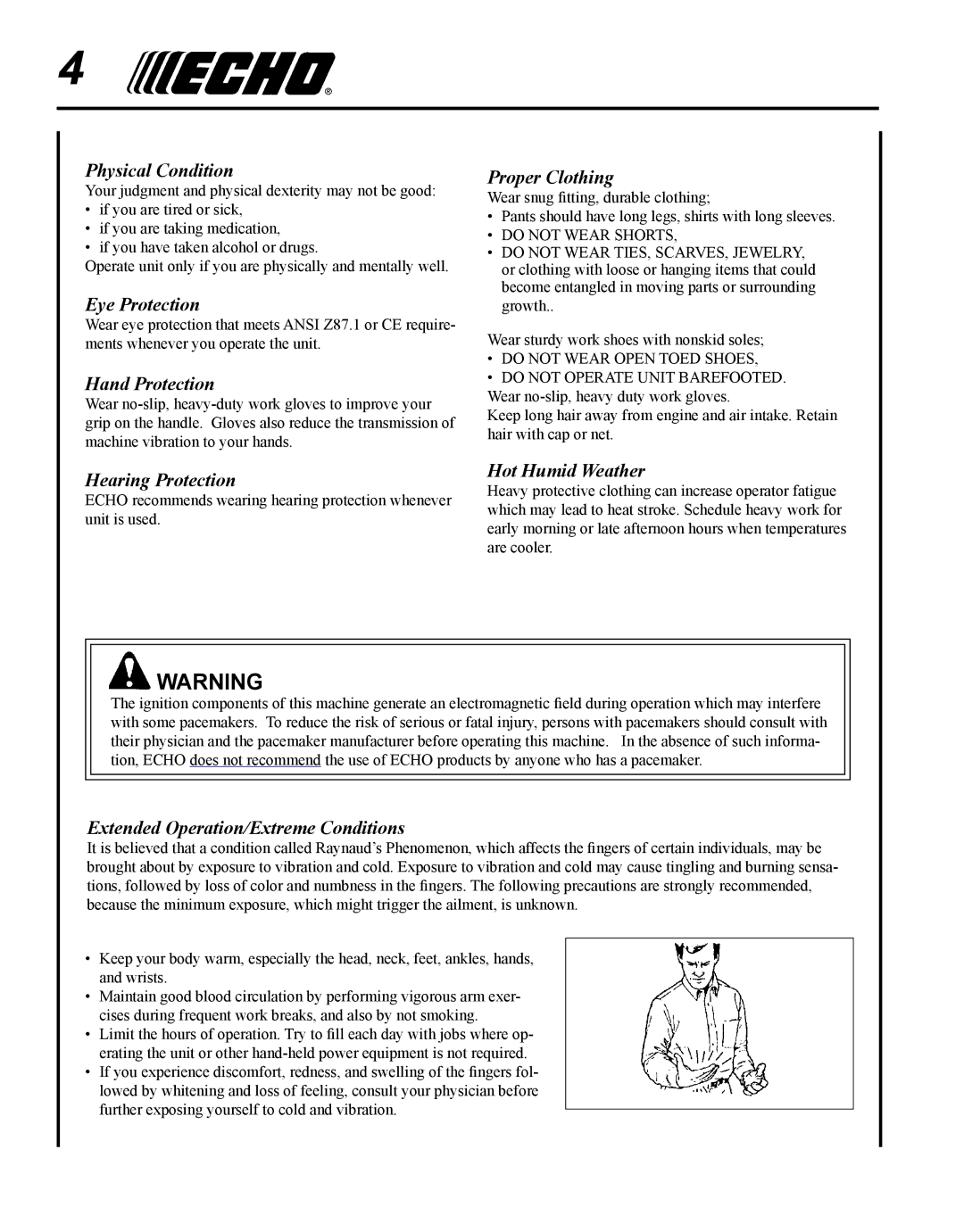 Echo SRM-280T Physical Condition, Eye Protection, Hand Protection, Hearing Protection, Proper Clothing, Hot Humid Weather 