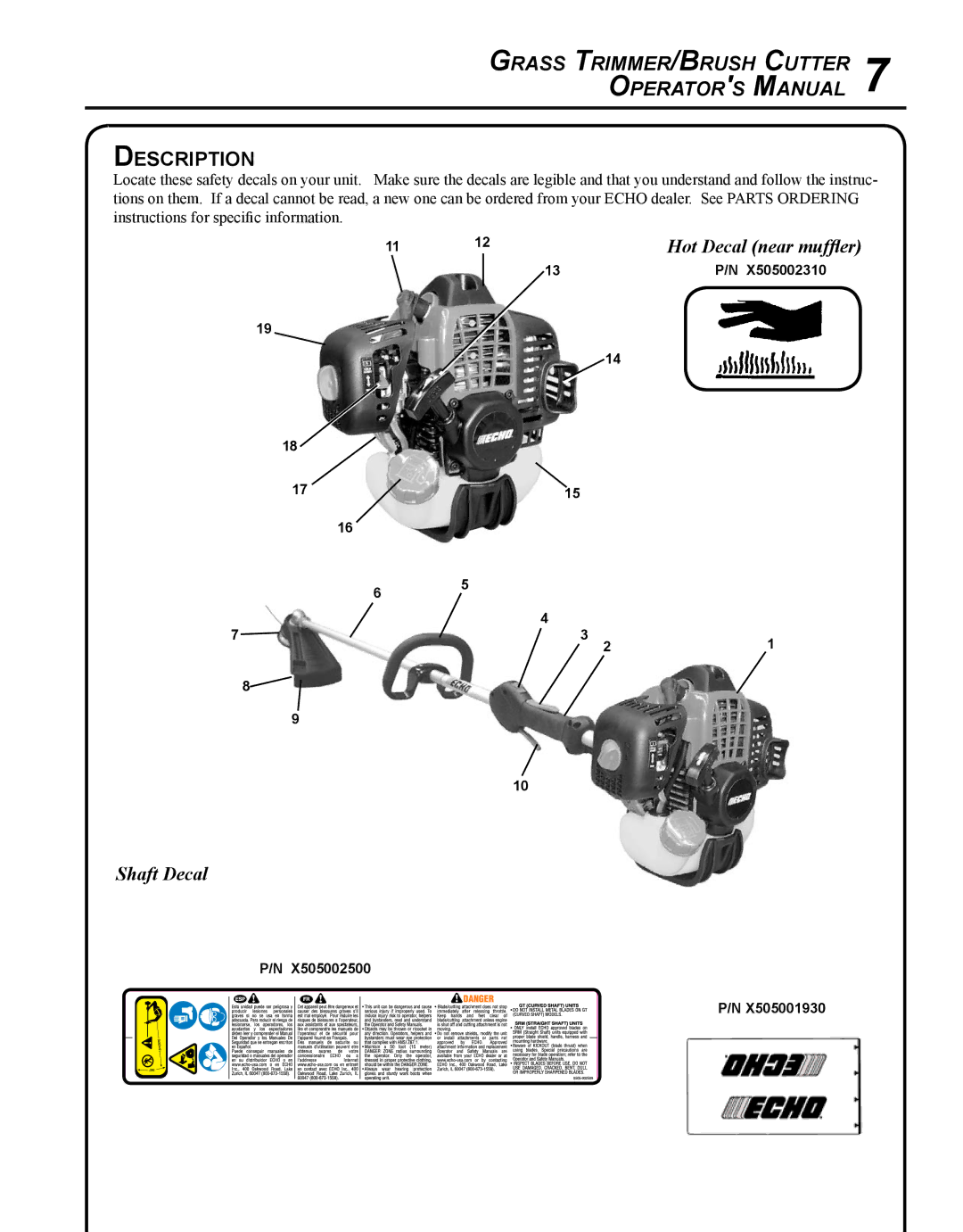 Echo SRM-280T manual Description, Shaft Decal 