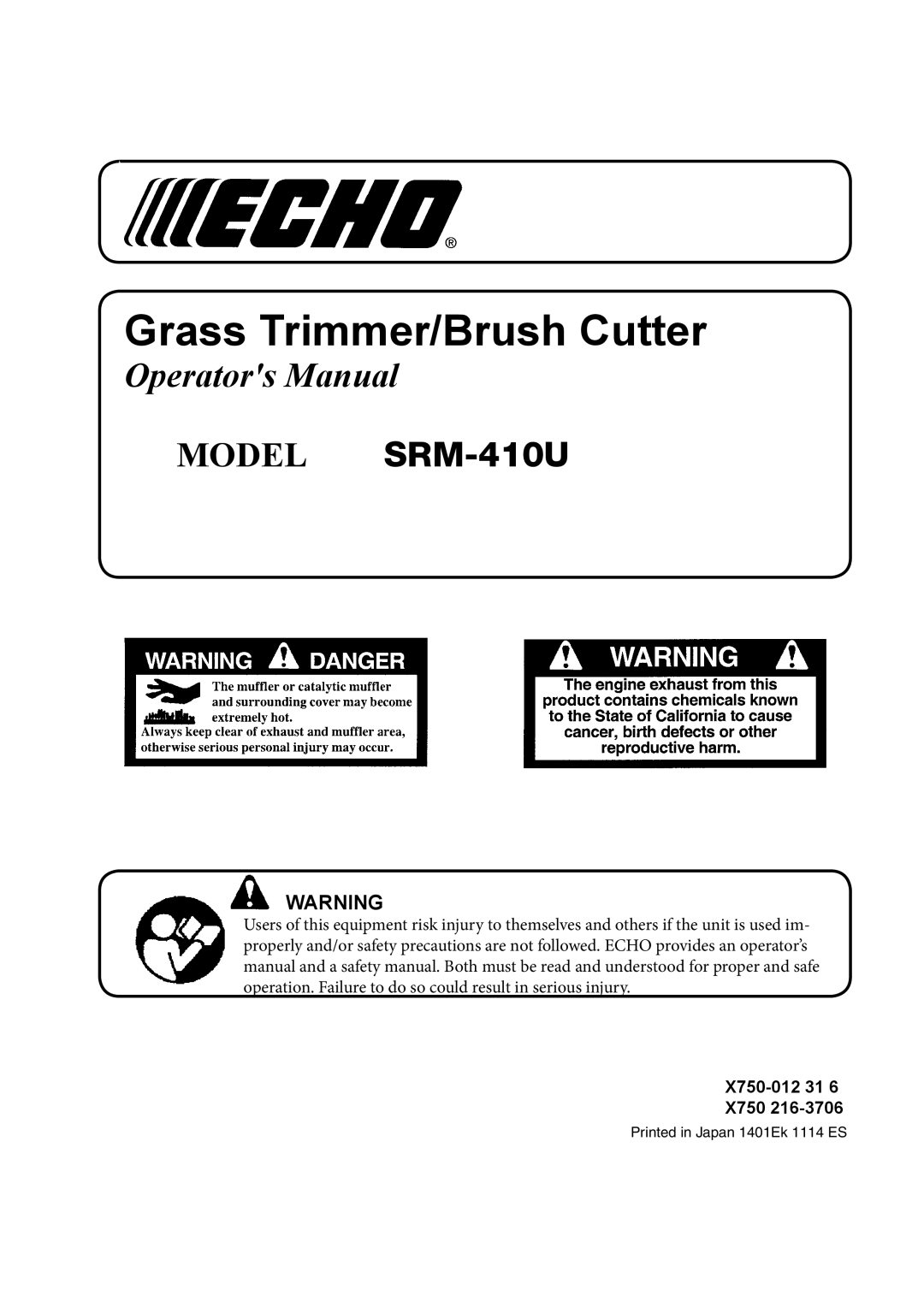 Echo SRM-410U manual Grass Trimmer/Brush Cutter 