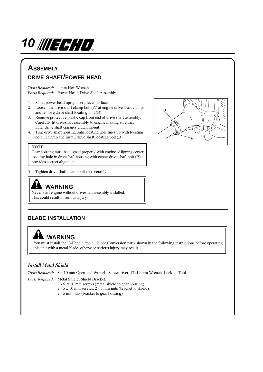 Echo SRM-410U manual Assembly Drive SHAFT/POWER Head, Blade Installation, Install Metal Shield 