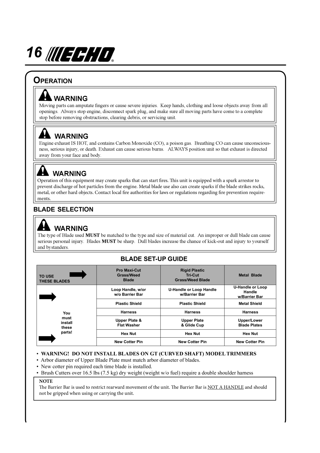 Echo SRM-410U manual Operation, Blade Selection 