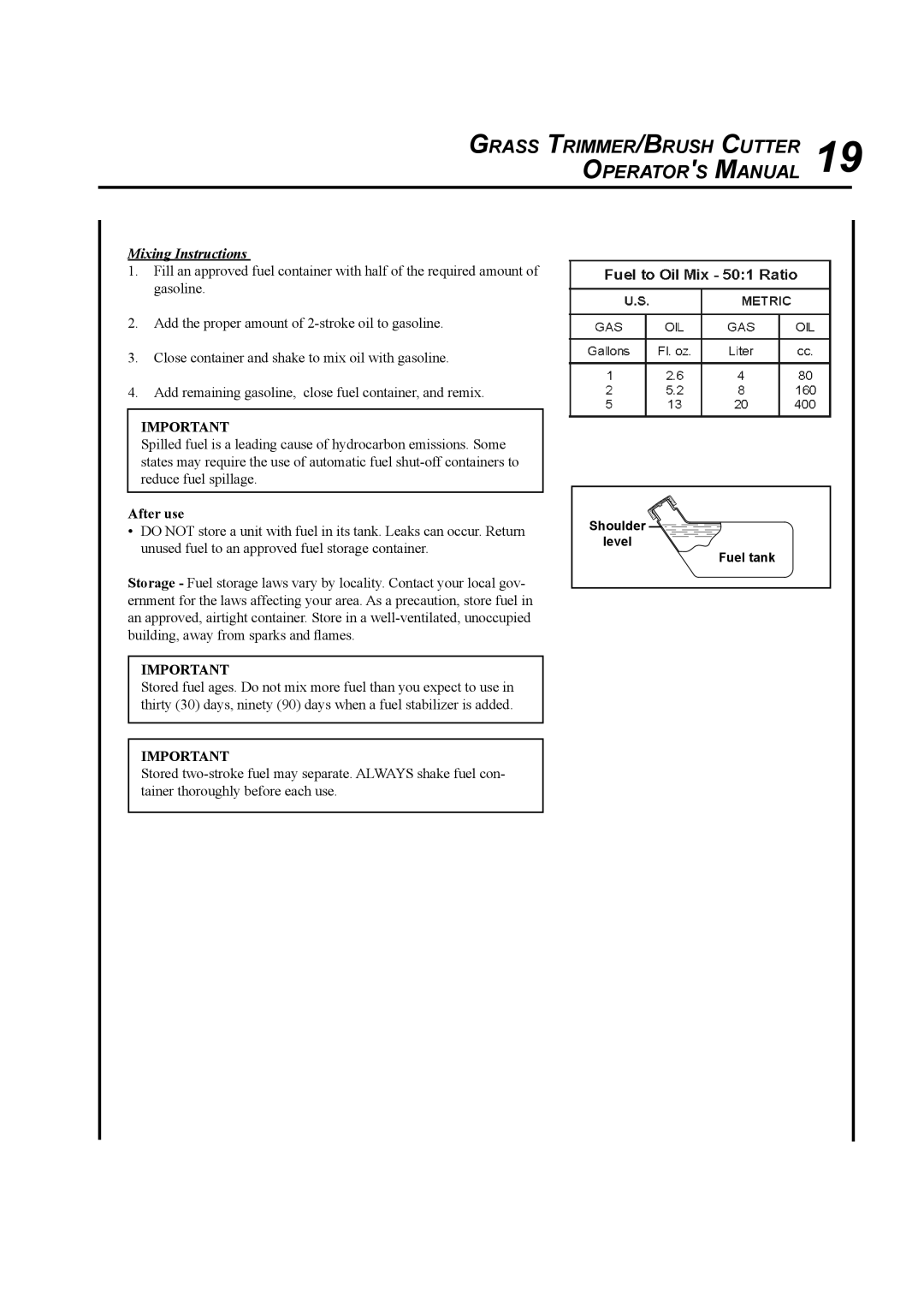 Echo SRM-410U manual Grass TRIMMER/BRUSH Cutter 19 Operators Manual, Mixing Instructions 