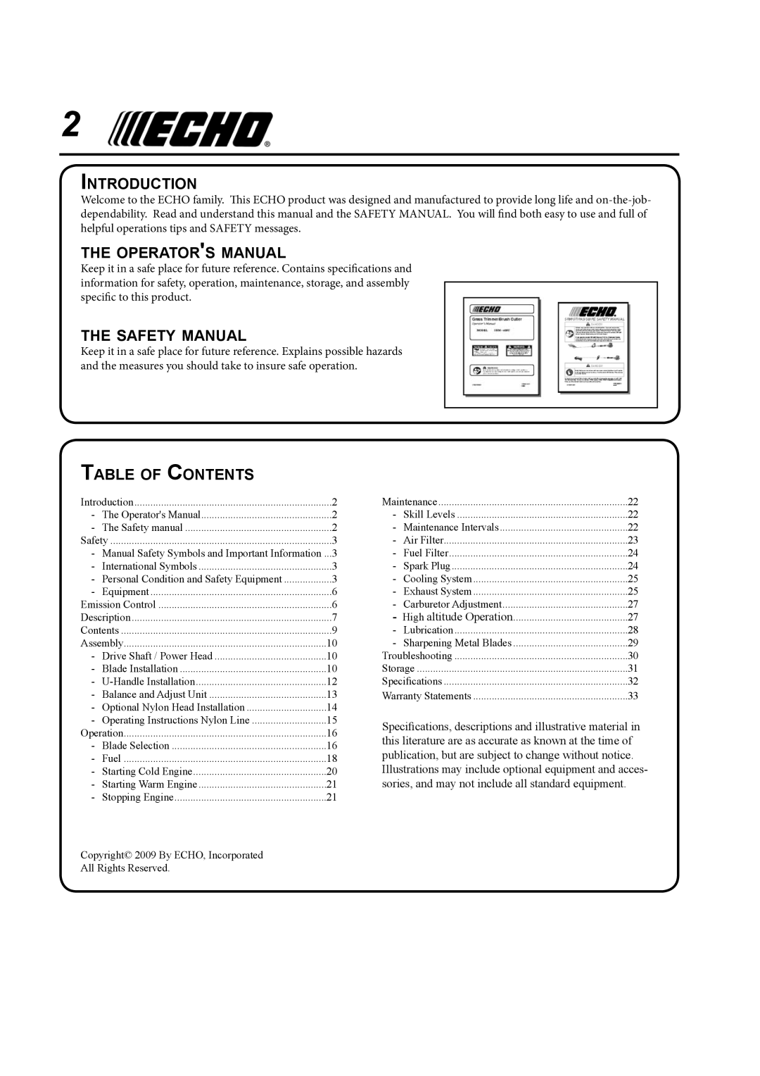 Echo SRM-410U manual Introduction, Operators Manual, Safety Manual, Table of Contents 