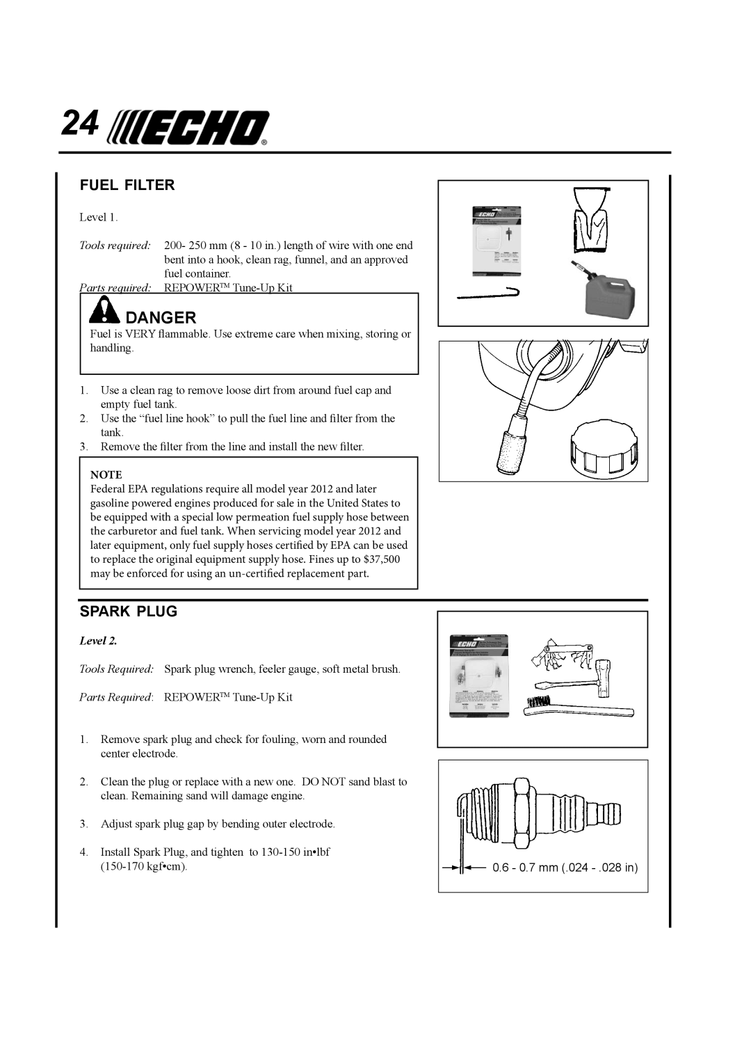 Echo SRM-410U manual Fuel Filter, Spark Plug 