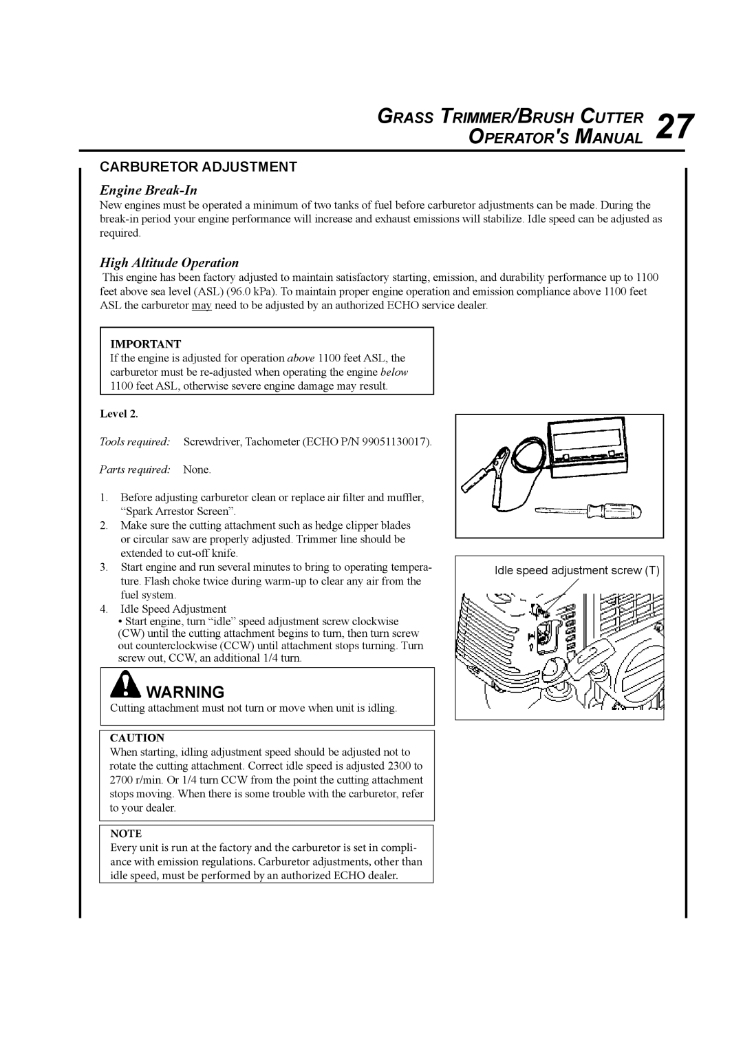 Echo SRM-410U manual Engine Break-In, High Altitude Operation 