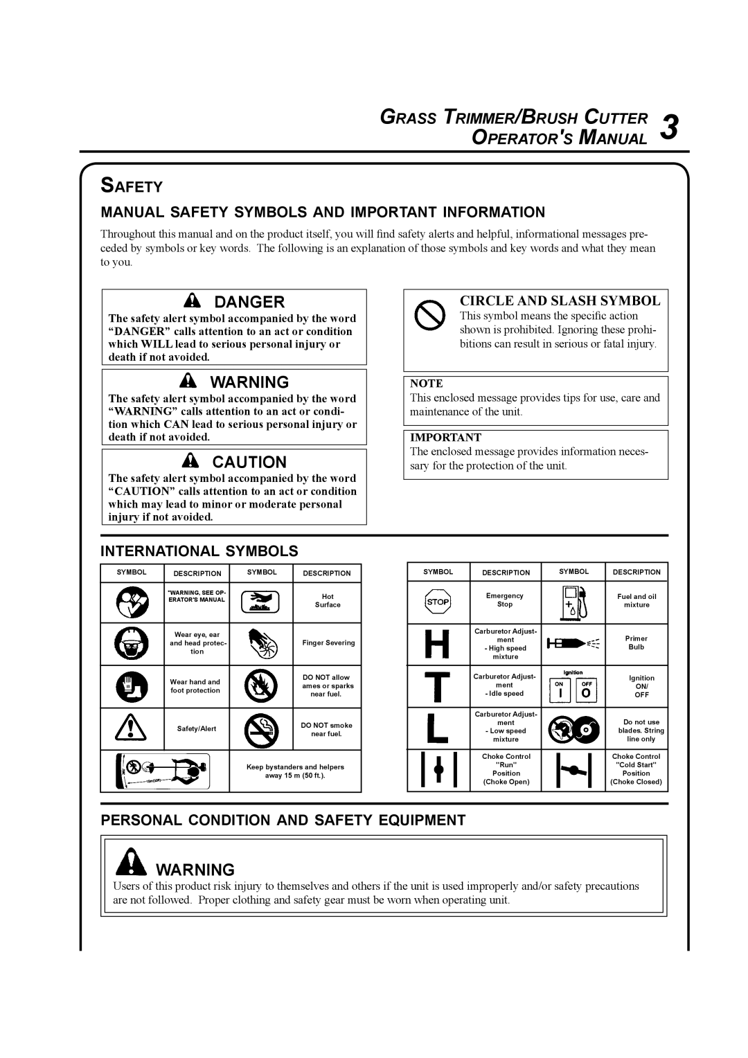 Echo SRM-410U manual Grass TRIMMER/BRUSH Cutter Operators Manual, Safety Manual Safety Symbols and Important Information 