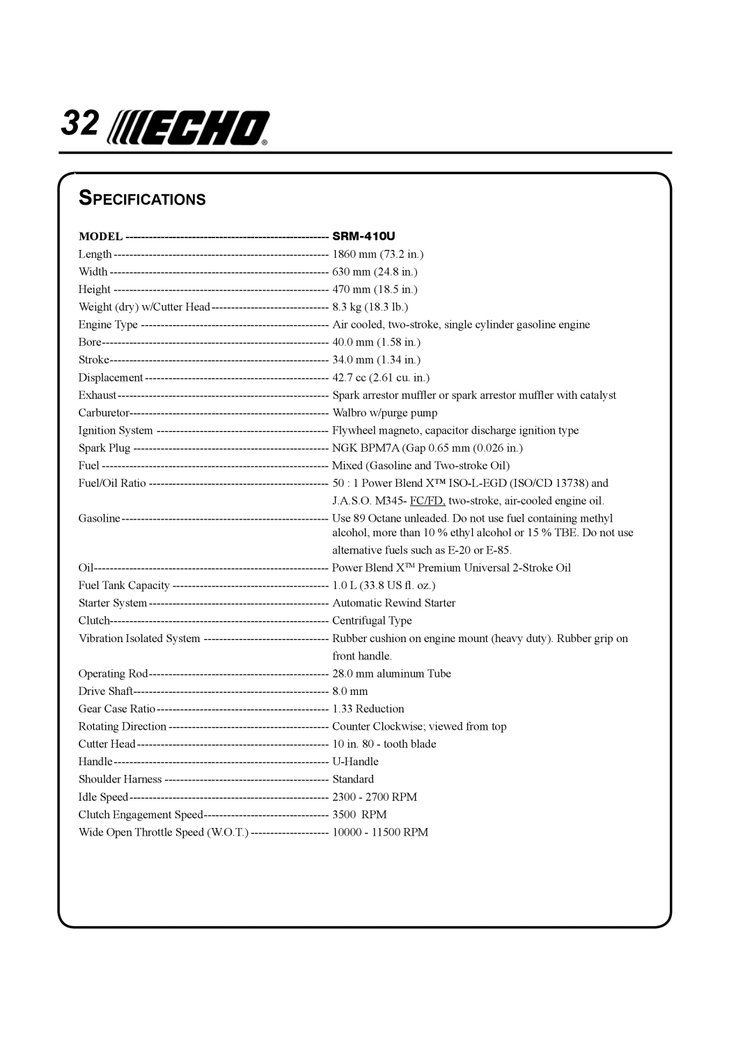 Echo SRM-410U manual Specifications 