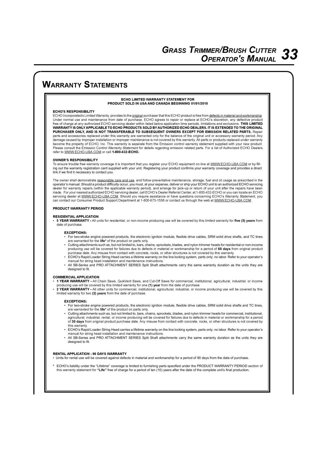 Echo SRM-410U manual Warranty Statements, OWNER’S Responsibility 