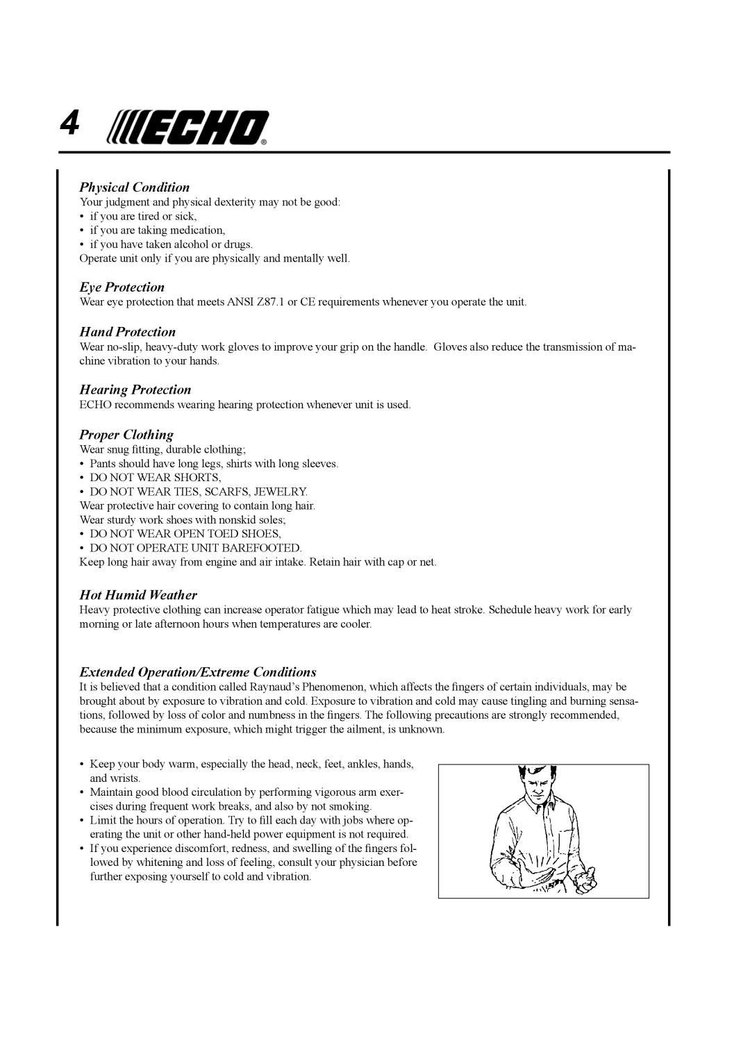 Echo SRM-410U Physical Condition, Eye Protection, Hand Protection, Hearing Protection, Proper Clothing, Hot Humid Weather 