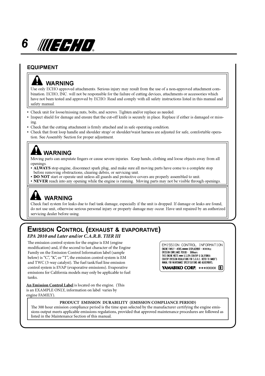 Echo SRM-410U manual Equipment, Emission Control Exhaust & Evaporative 