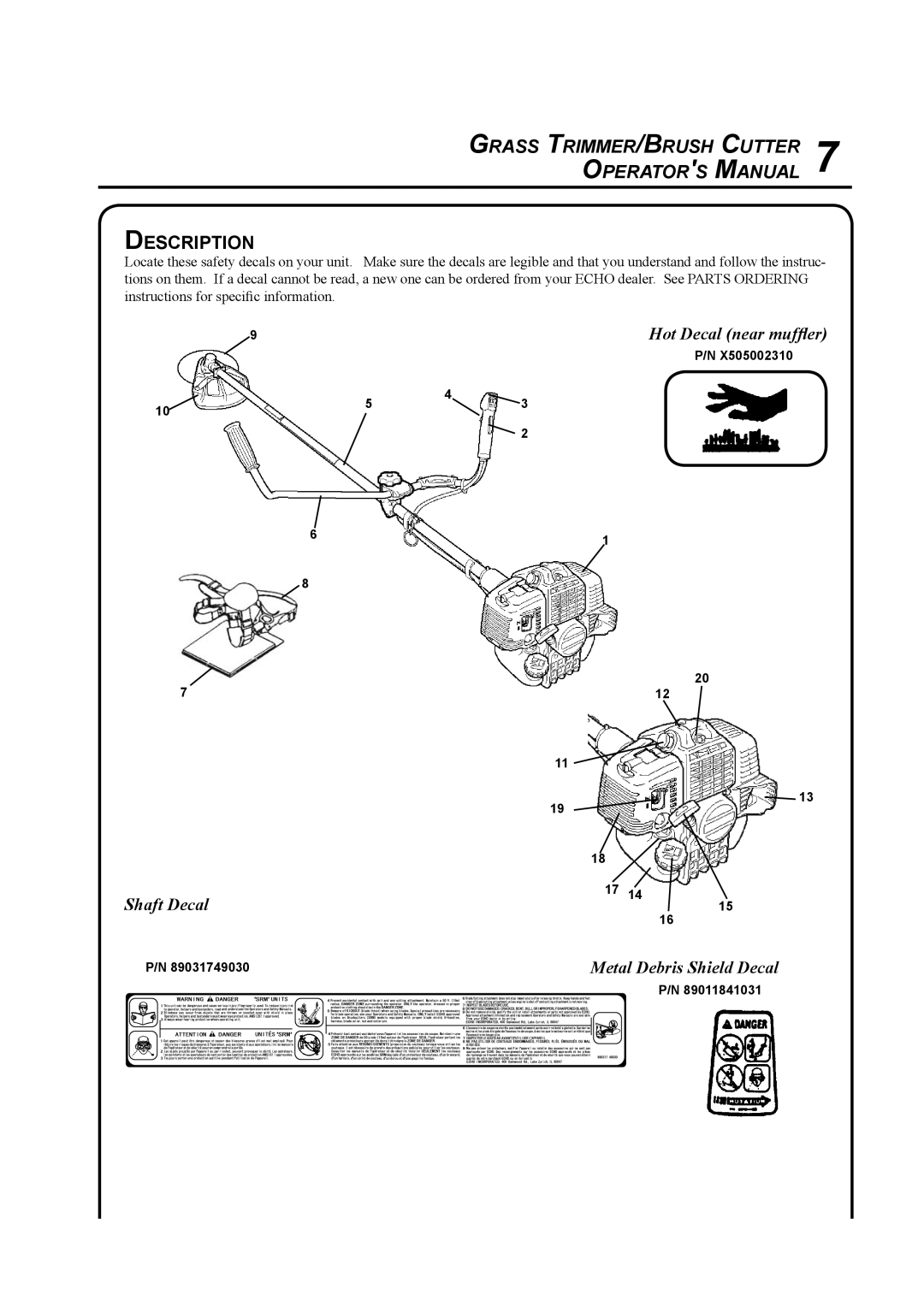 Echo SRM-410U manual Description, Hot Decal near mufﬂer, Metal Debris Shield Decal 