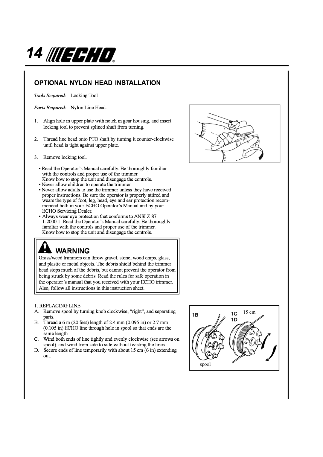 Echo SRM-410U manual Optional Nylon Head Installation, Tools Required Locking Tool Parts Required Nylon Line Head 