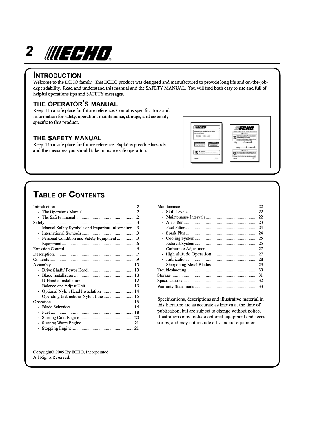 Echo SRM-410U manual Introduction, The Operators Manual, The Safety Manual, Table Of Contents 