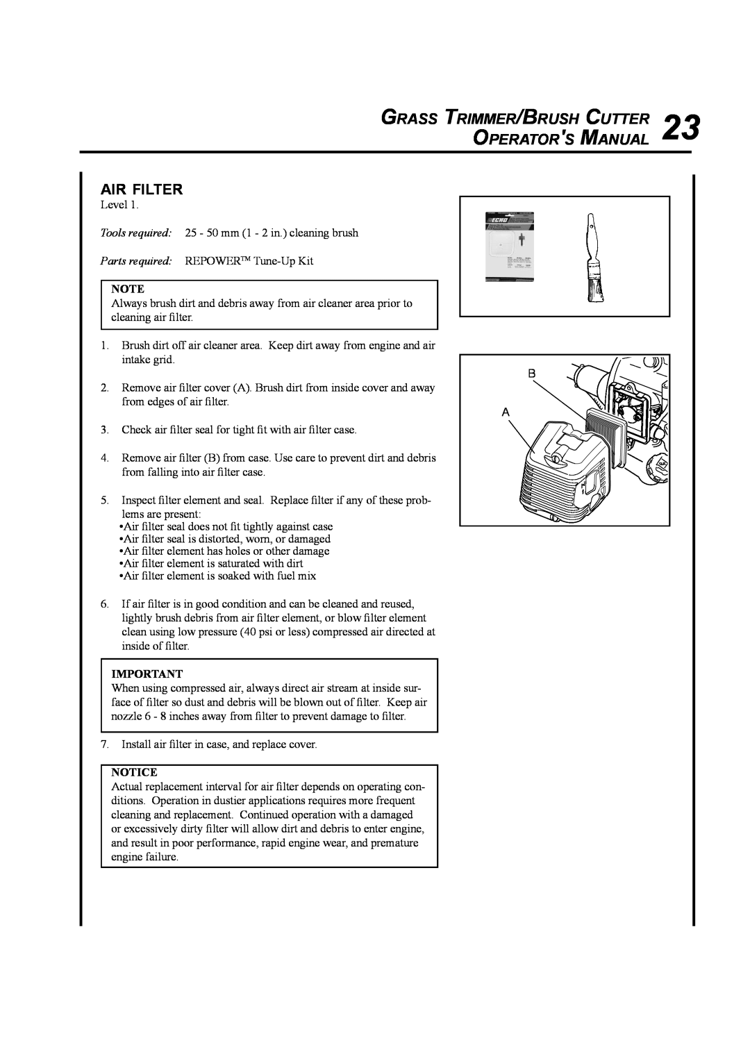 Echo SRM-410U manual Air Filter, Grass Trimmer/Brush Cutter Operators Manual 