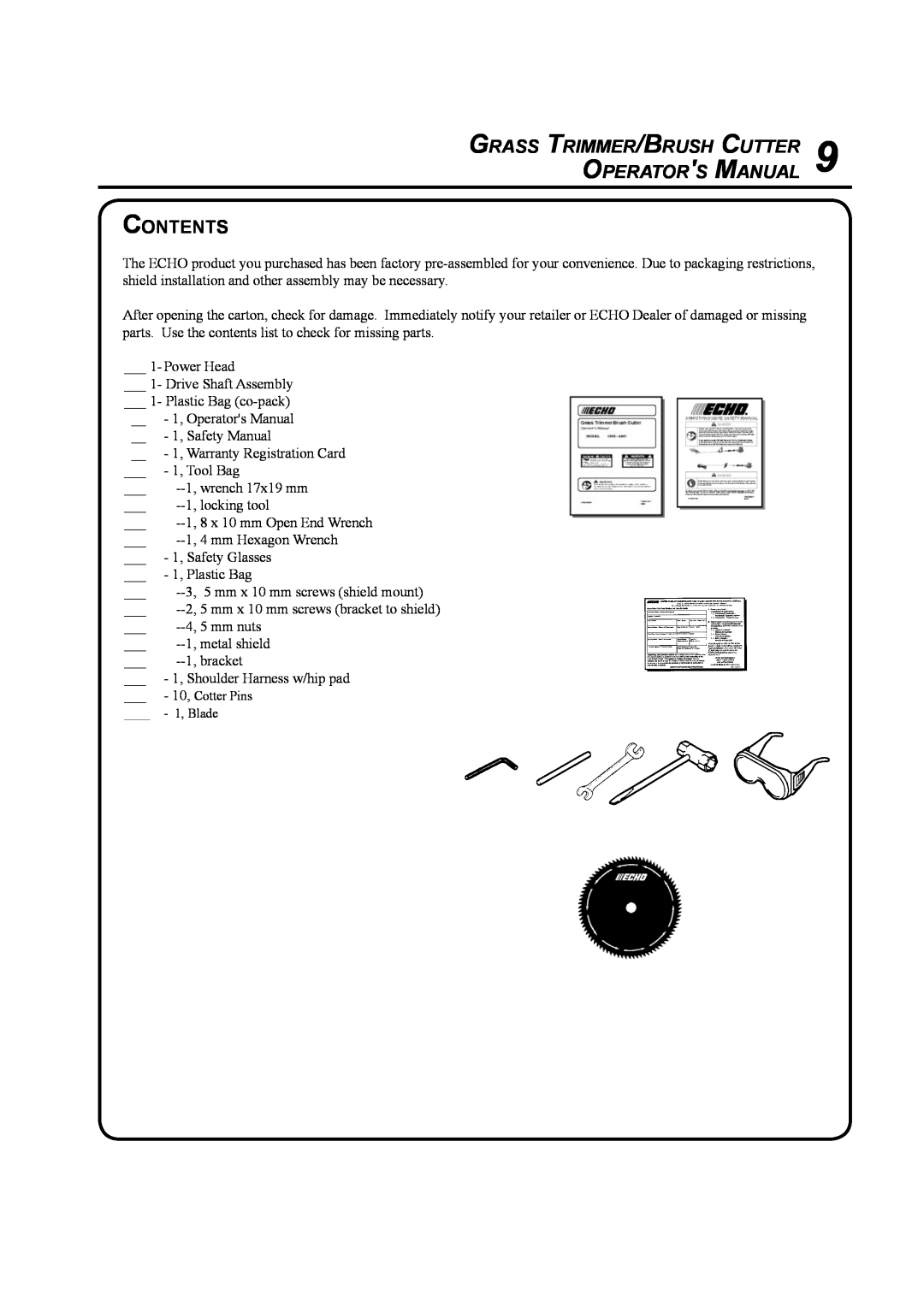 Echo SRM-410U manual Contents, Grass Trimmer/Brush Cutter Operators Manual 