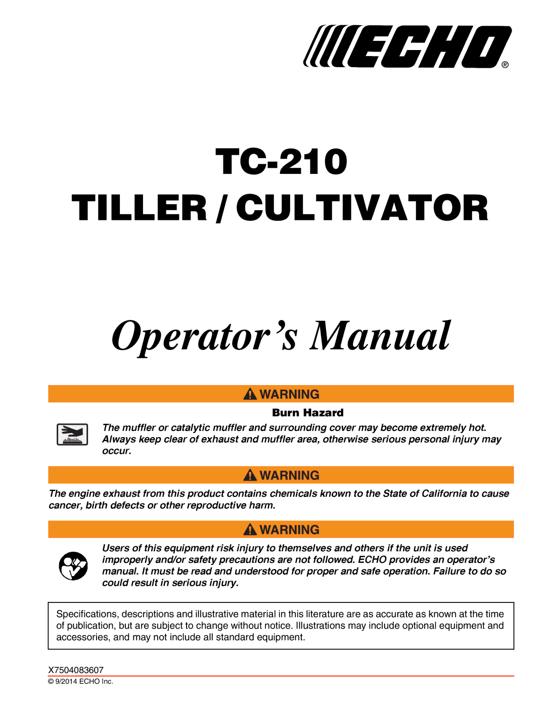 Echo TC-210 specifications Operator’s Manual, Burn Hazard 