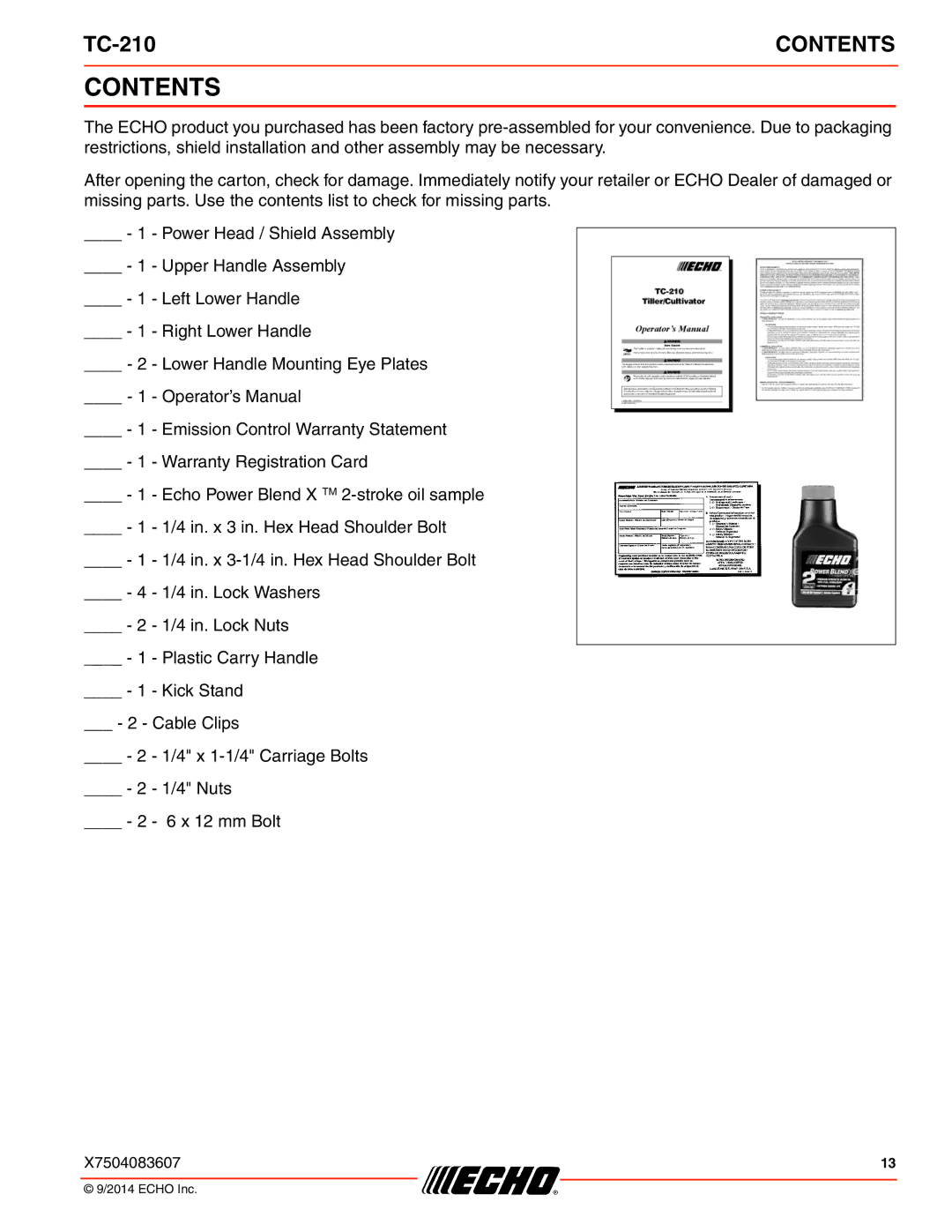 Echo TC-210 specifications Contents 