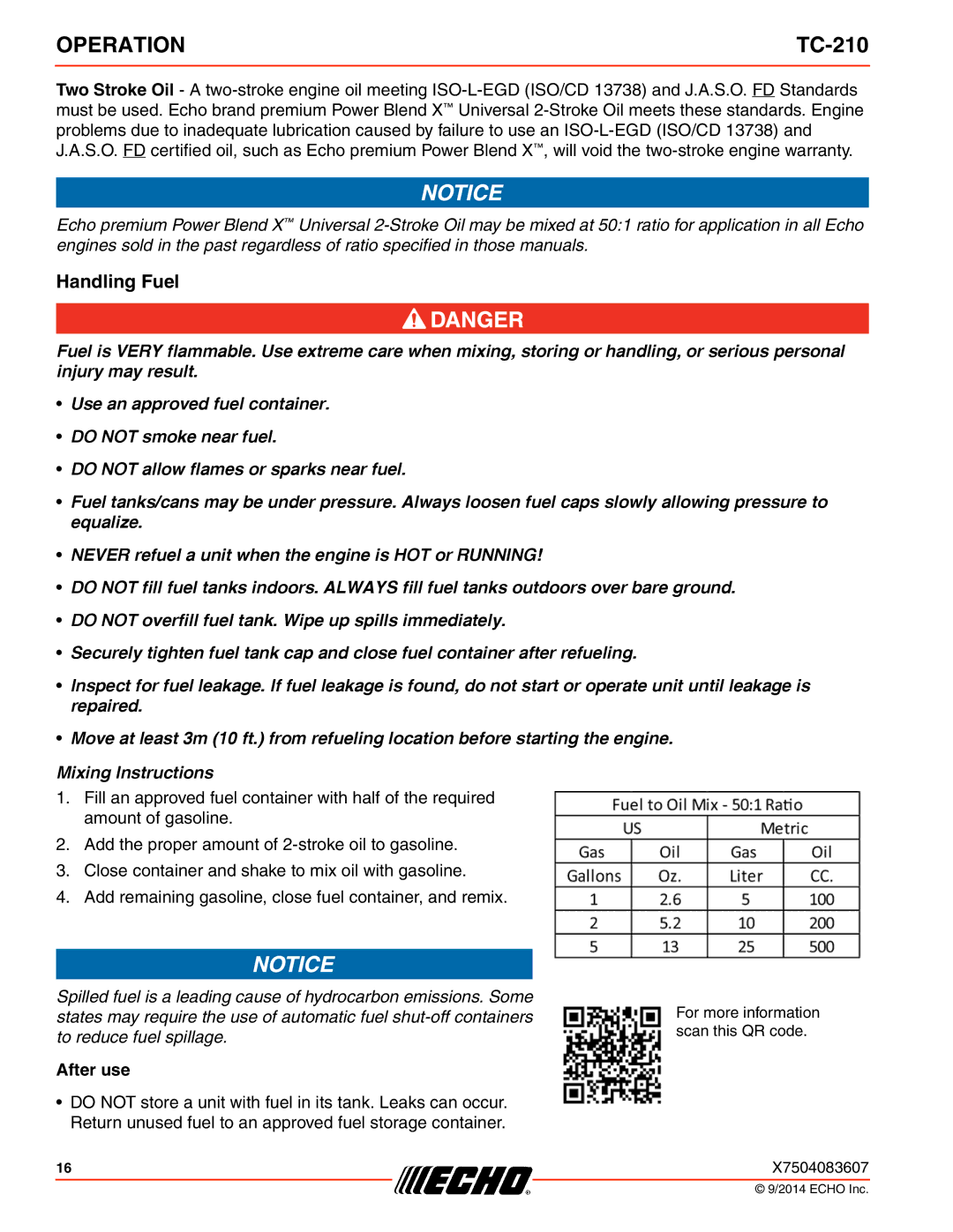 Echo TC-210 specifications Handling Fuel, After use 